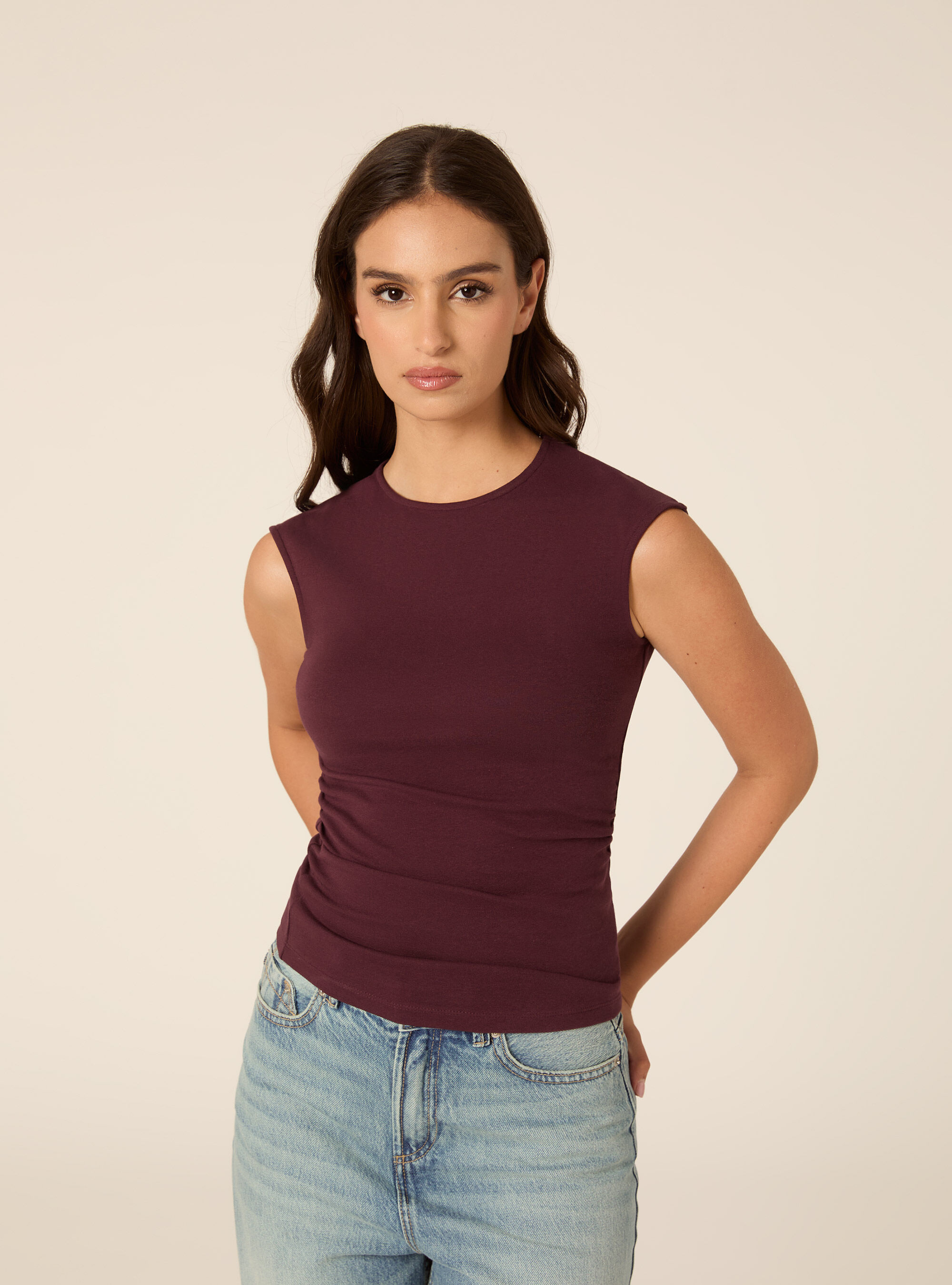 T-shirt basic con arriccio, BO1 BORDEAUX DARK