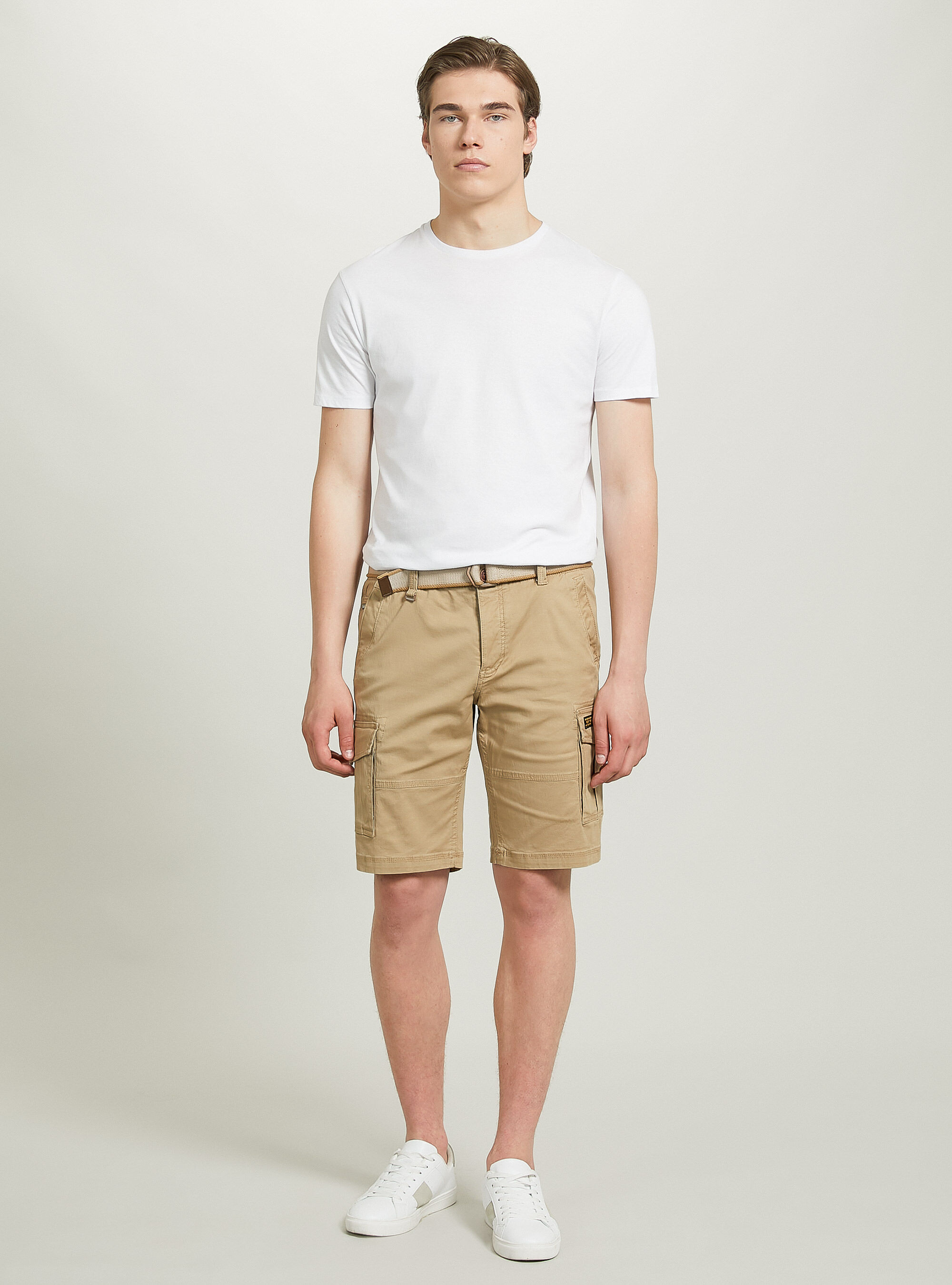 Cotton cargo bermuda with canvas belt, BG2 BEIGE MEDIUM