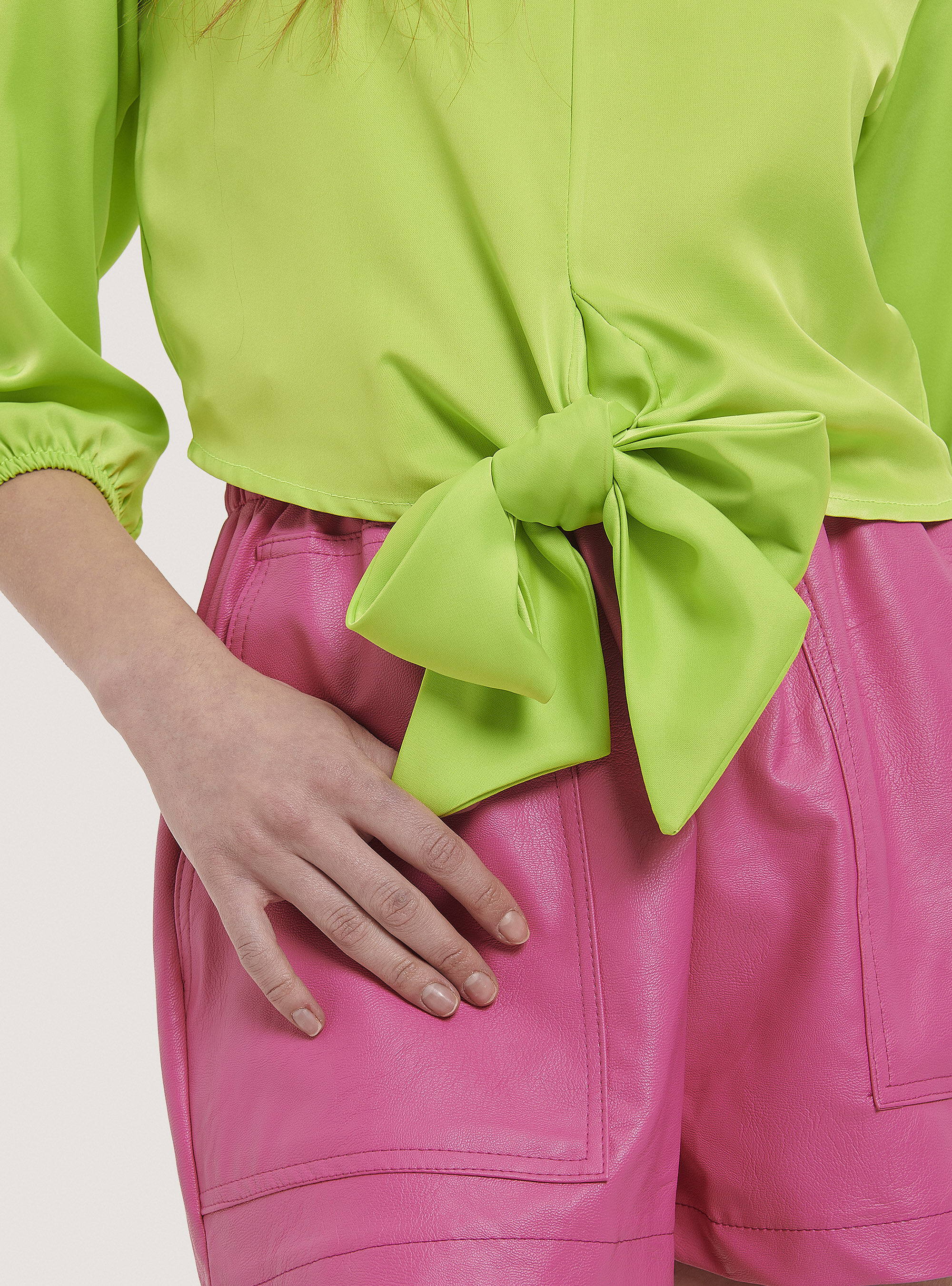 Satin blouse with knot, C7752 LIME