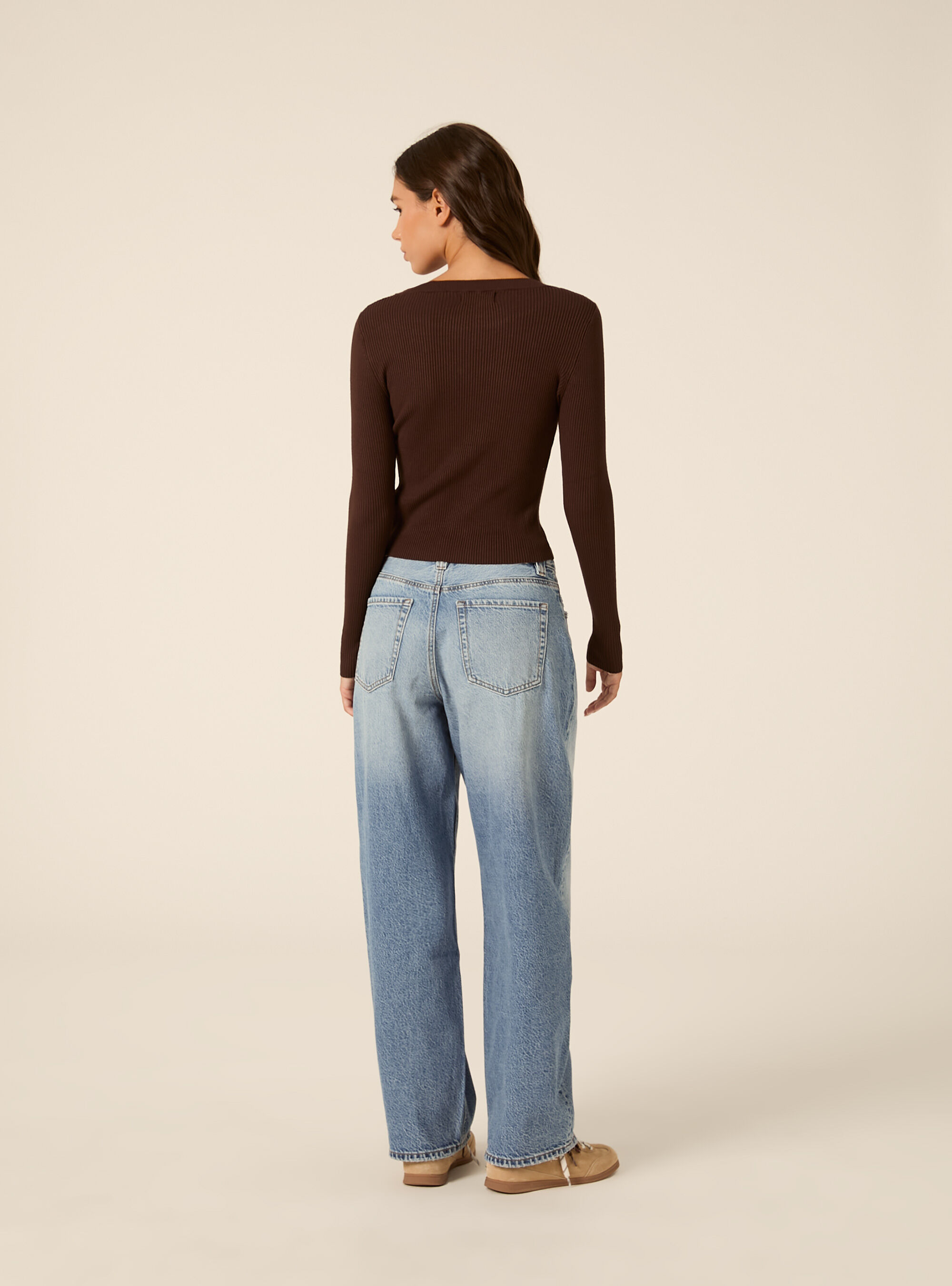 Maglia girocollo a coste, BR1 BROWN DARK