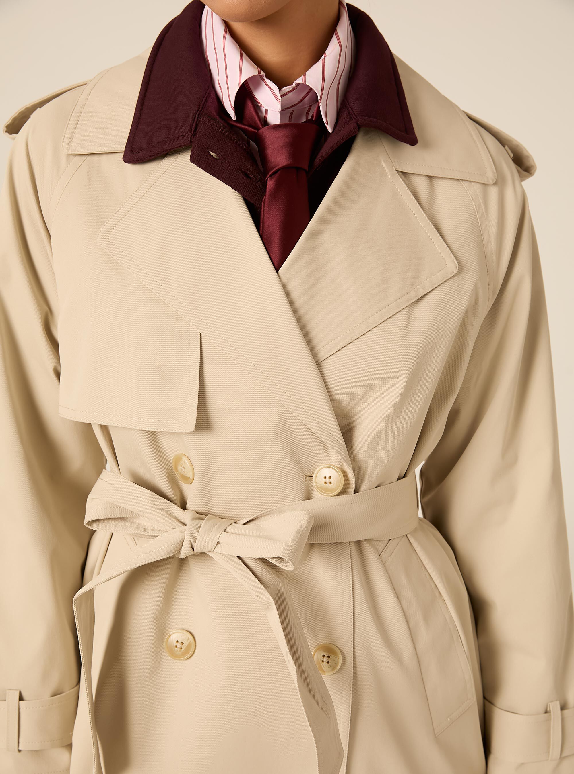 Short Double-Breasted Belted Trench Coat, CR2 CREAM MEDIUM