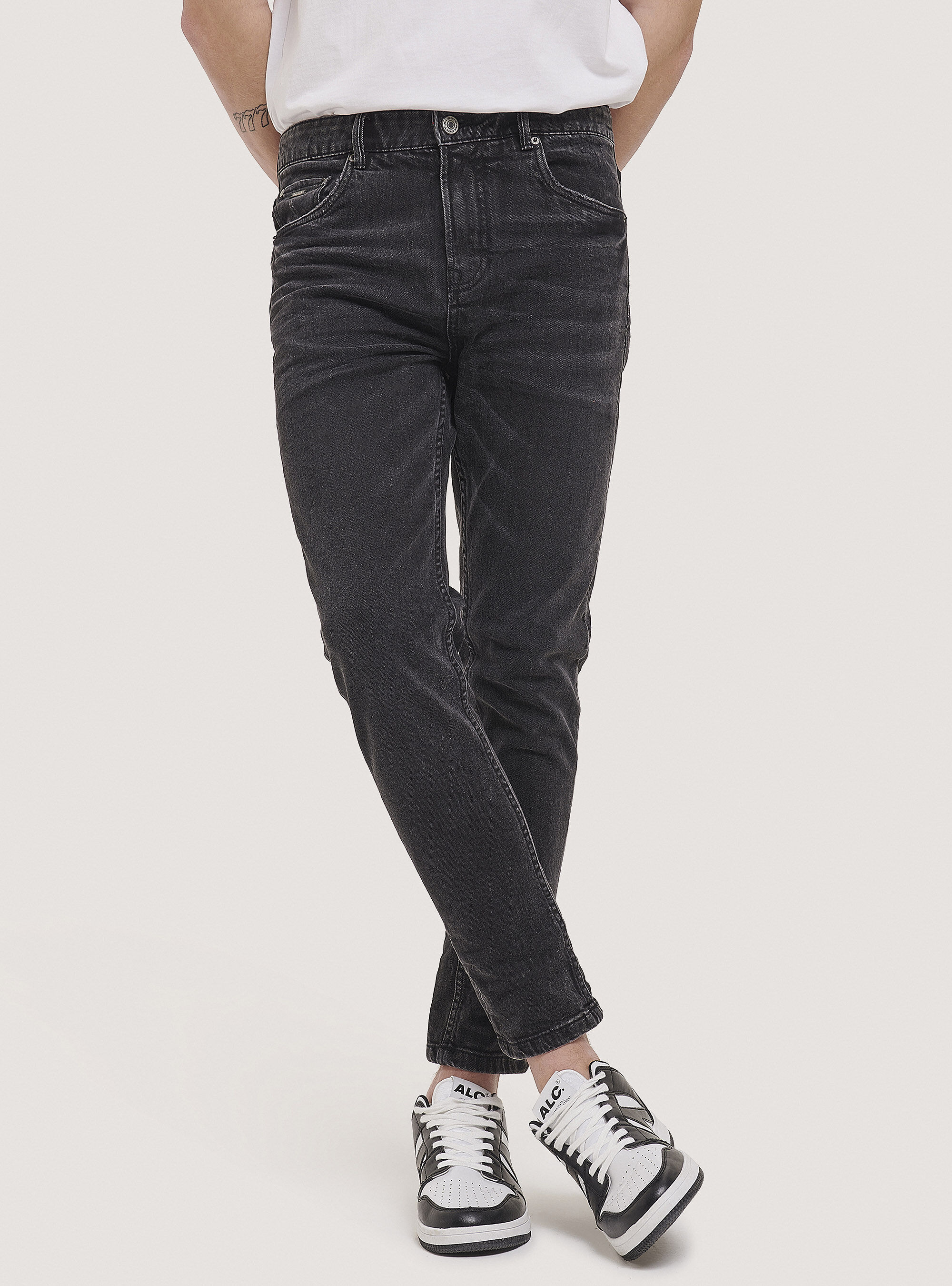 Pantalones de algod&oacute;n de sarga el&aacute;stica, NEGRO