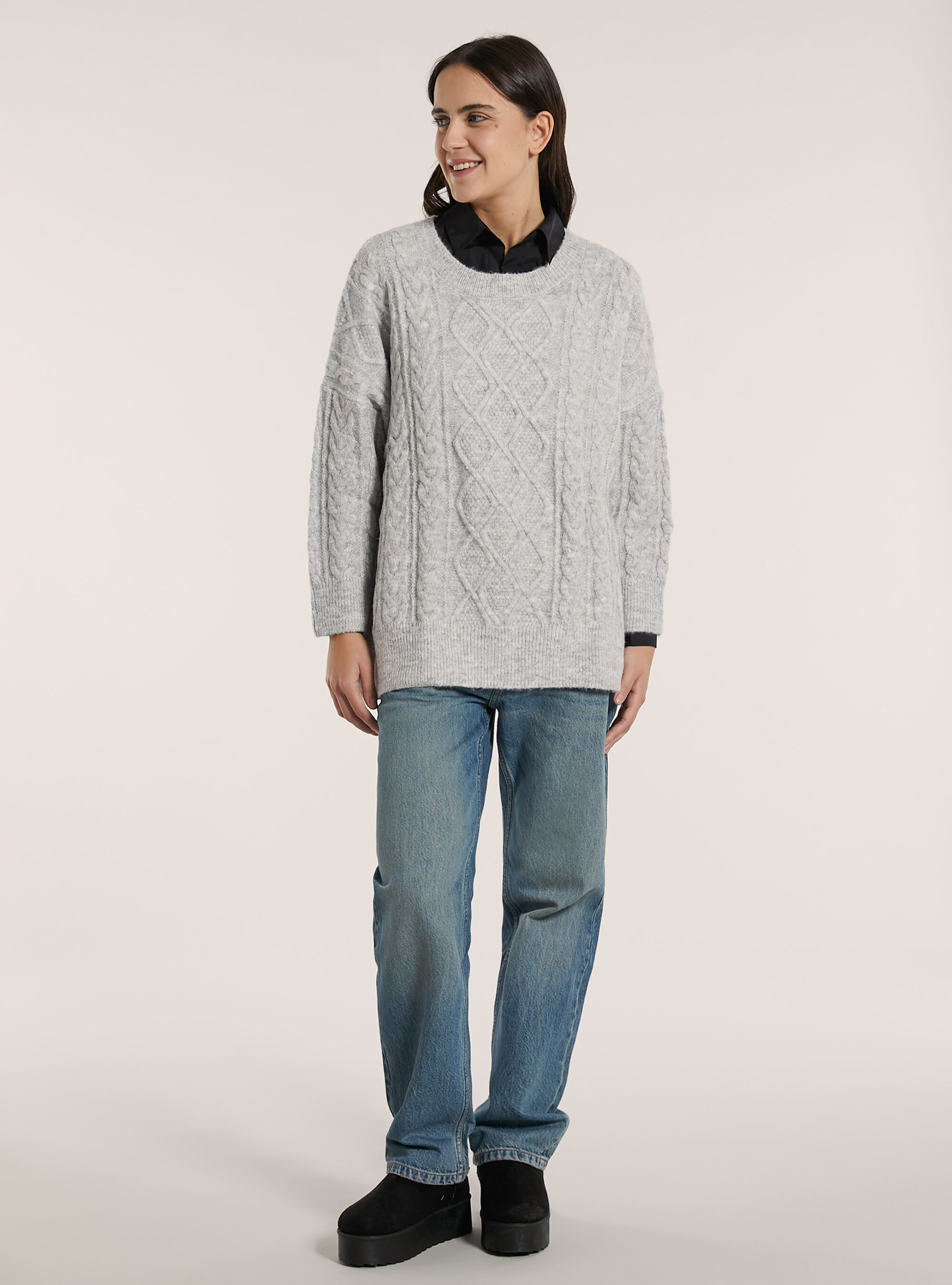 Pullover over a trecce, MGY3 GREY MEL LIGHT