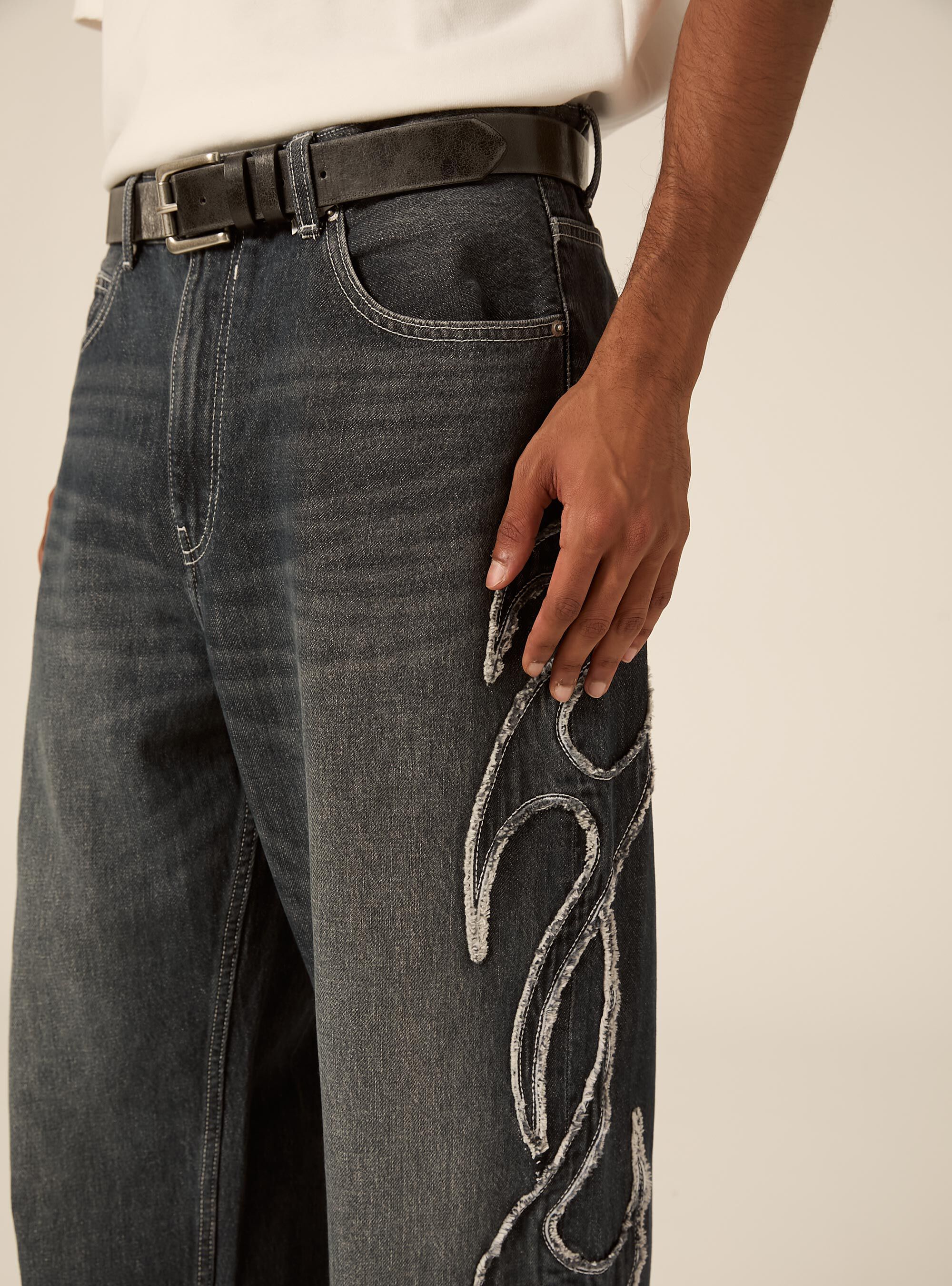 Baggy fit jeans mit flammen detail, D101 BLUE MED OVERDYE