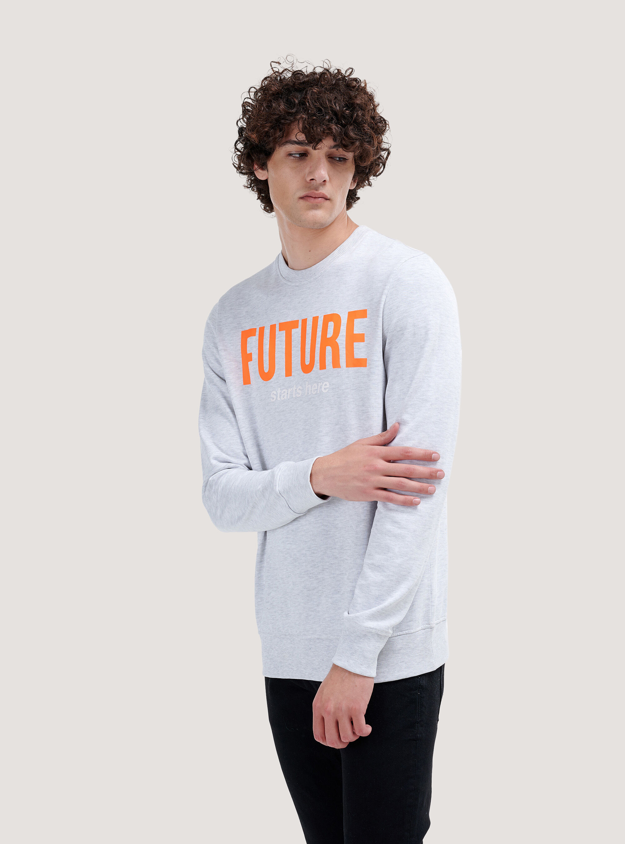 Sweat col rond fluo avec slogan imprim&eacute;, C148 ICE MELANGE