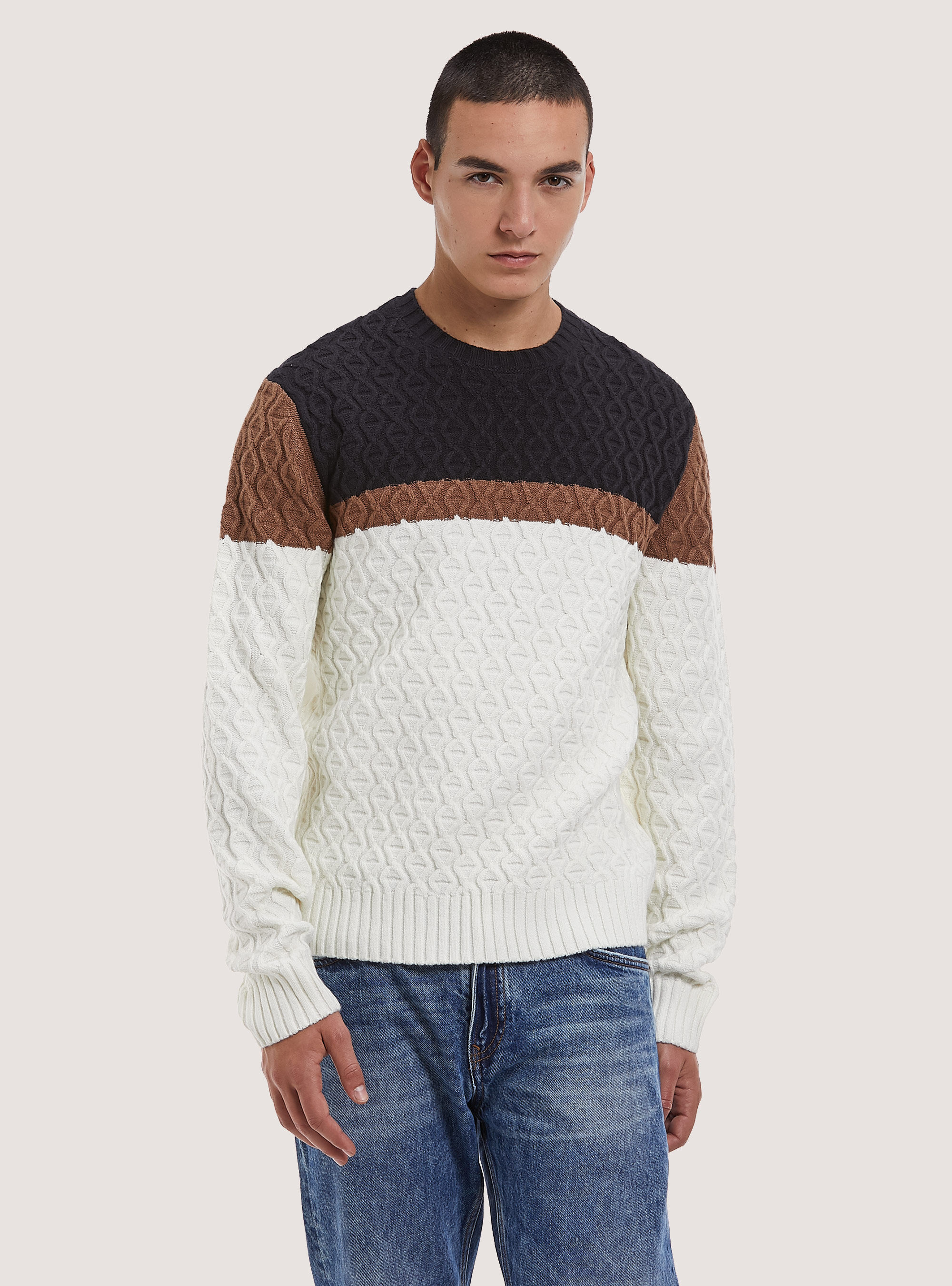 Pullover color block con texture, WH2 WHITE