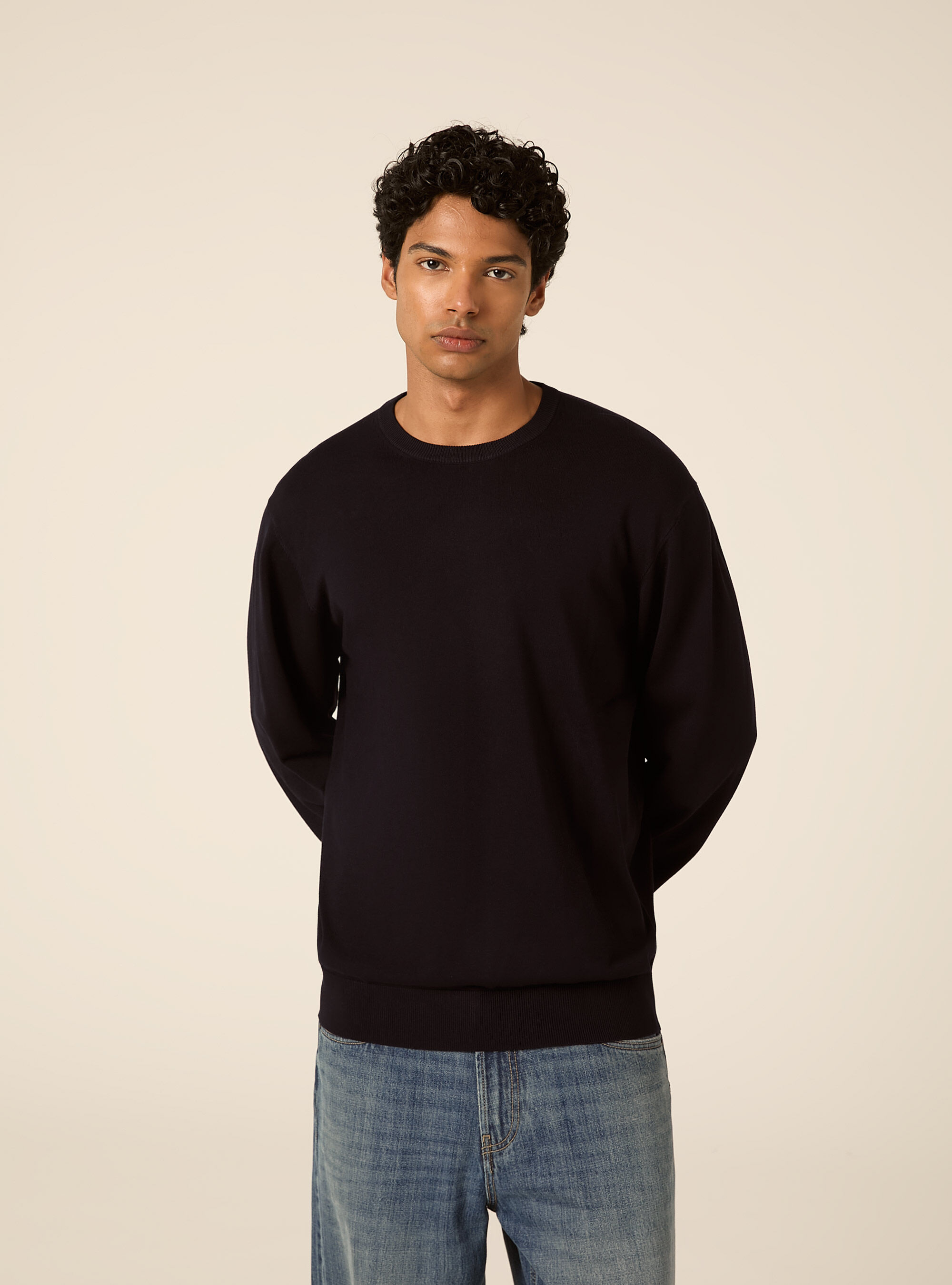 Pullover girocollo in viscosa, NAVY SCURO