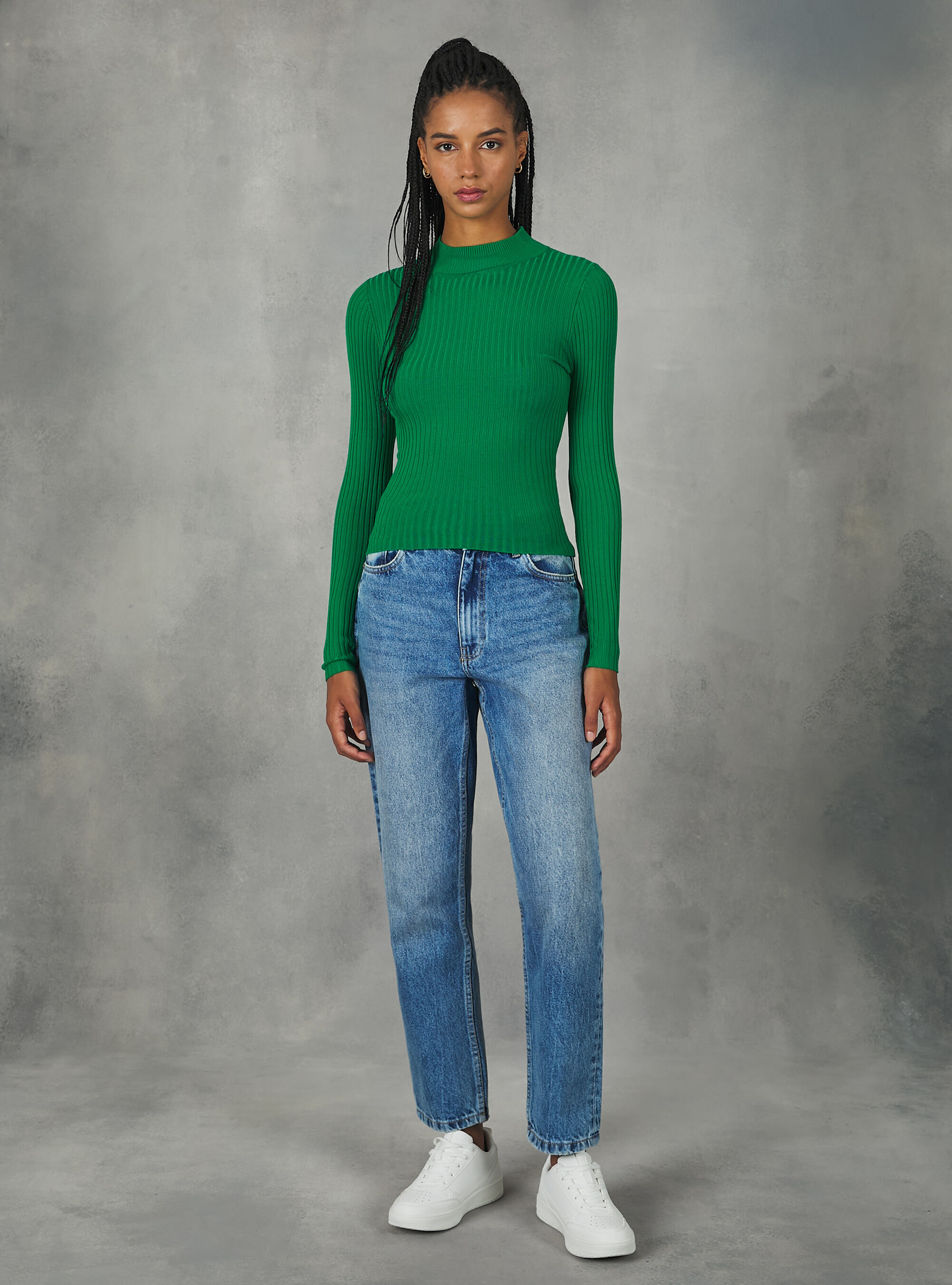 Pullover cropped a coste a mezzo collo, GN2 GREEN MEDIUM