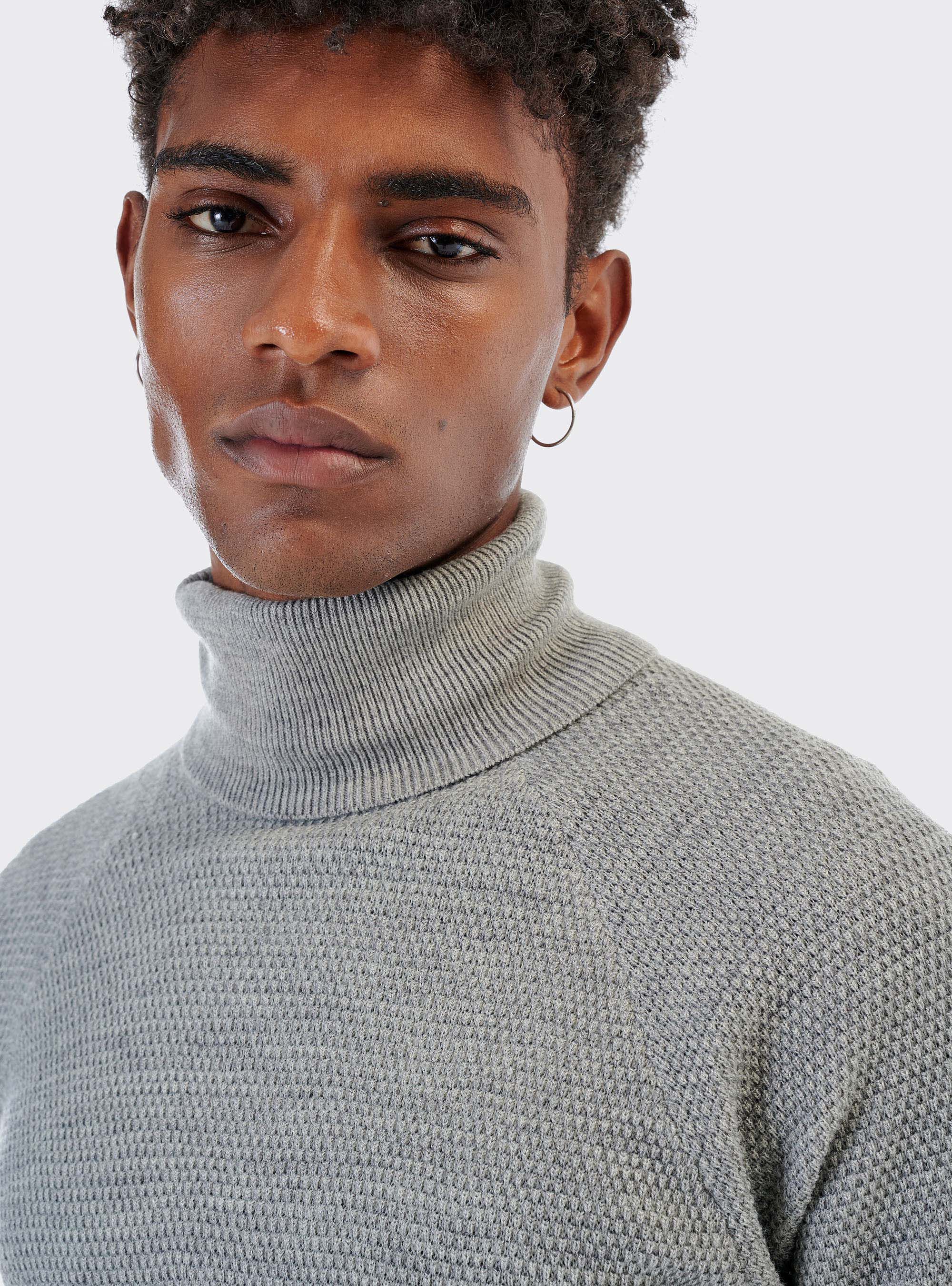 Pull col montant avec point de riz en laine m&eacute;lang&eacute;e, C146 GREY MEL