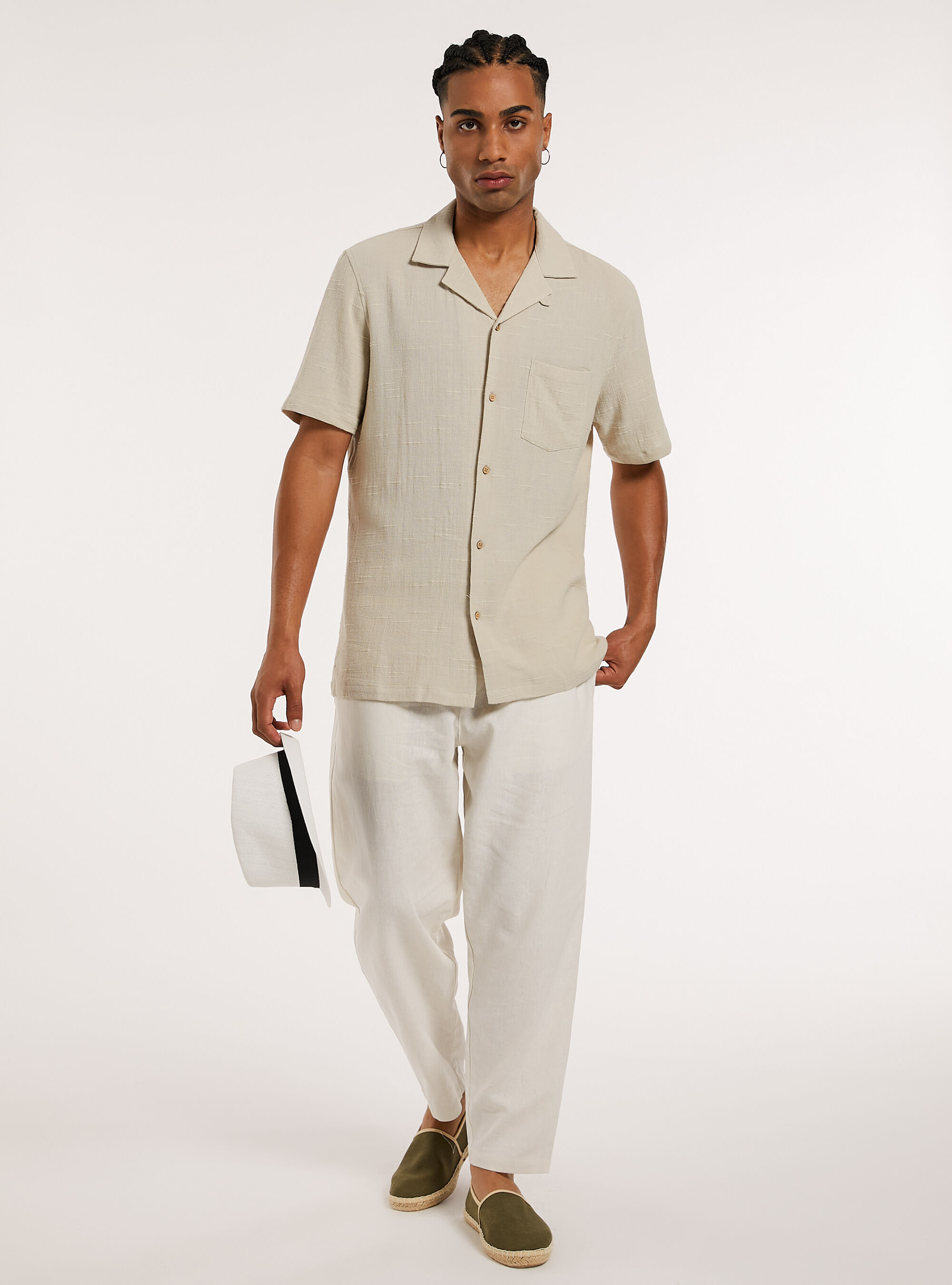 Camicia in misto lino a maniche corte, BG3 BEIGE LIGHT