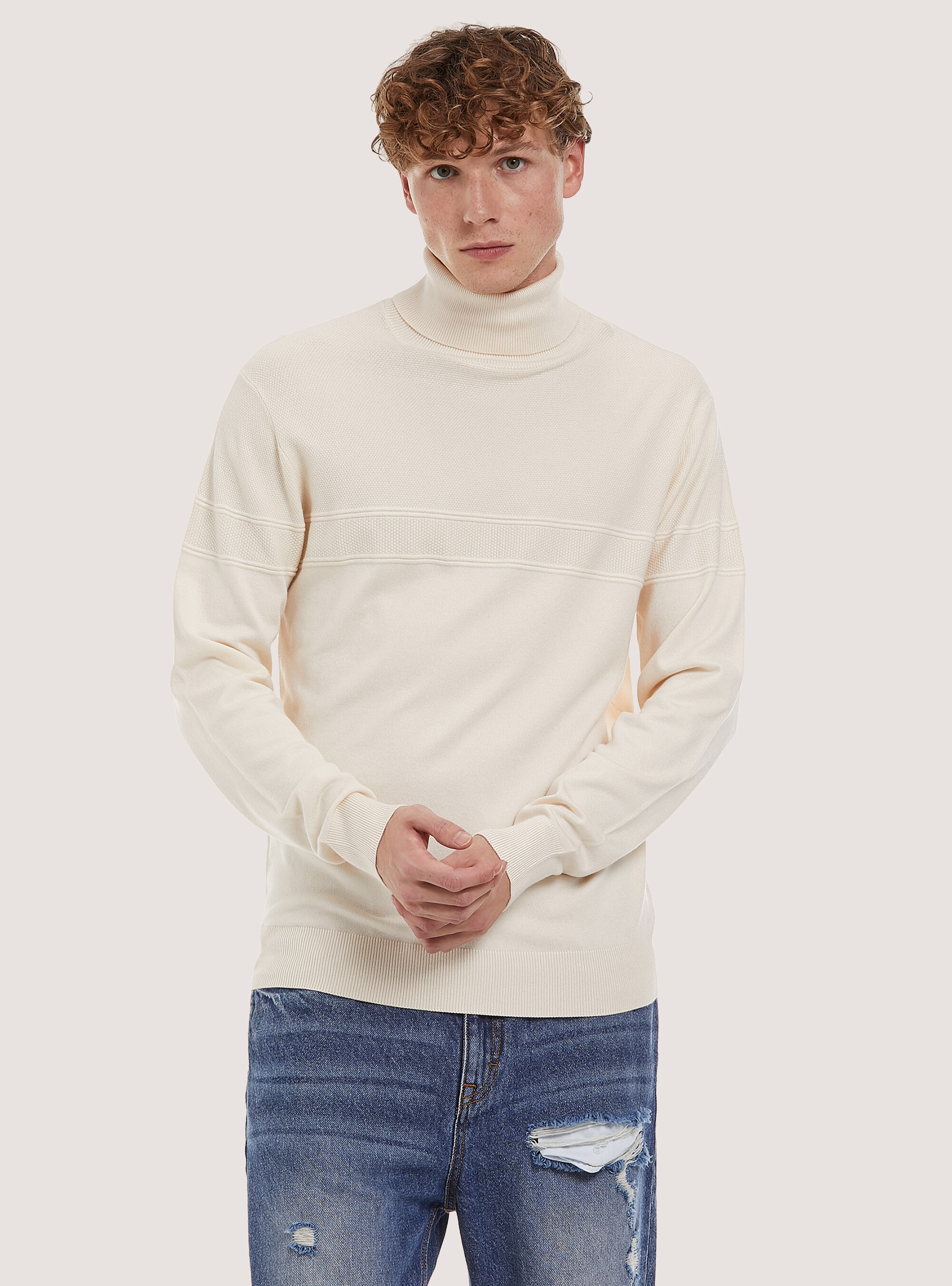 Fine turtleneck pullover with soft viscose texture, WH1 OFF WHITE