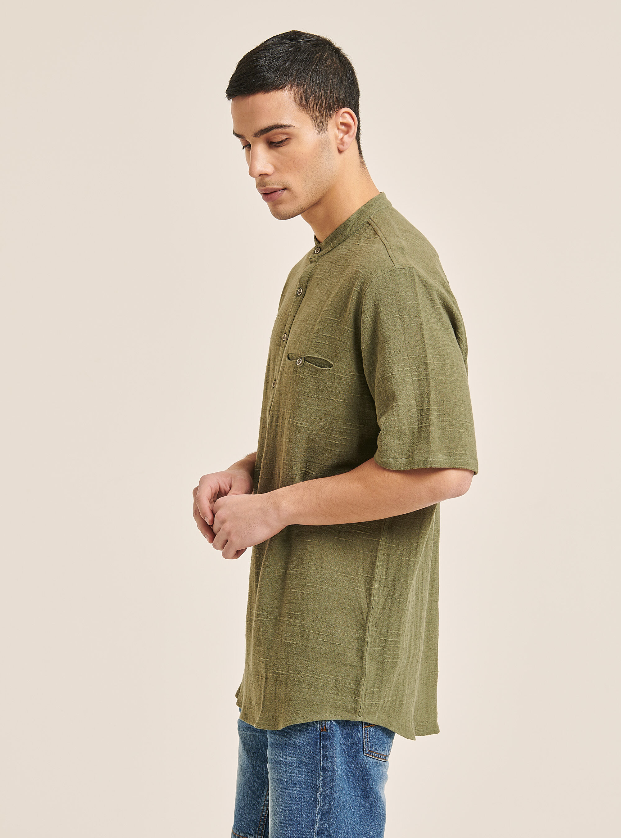 Linen blend shirt with Korean collar, KY2 KAKY MEDIUM