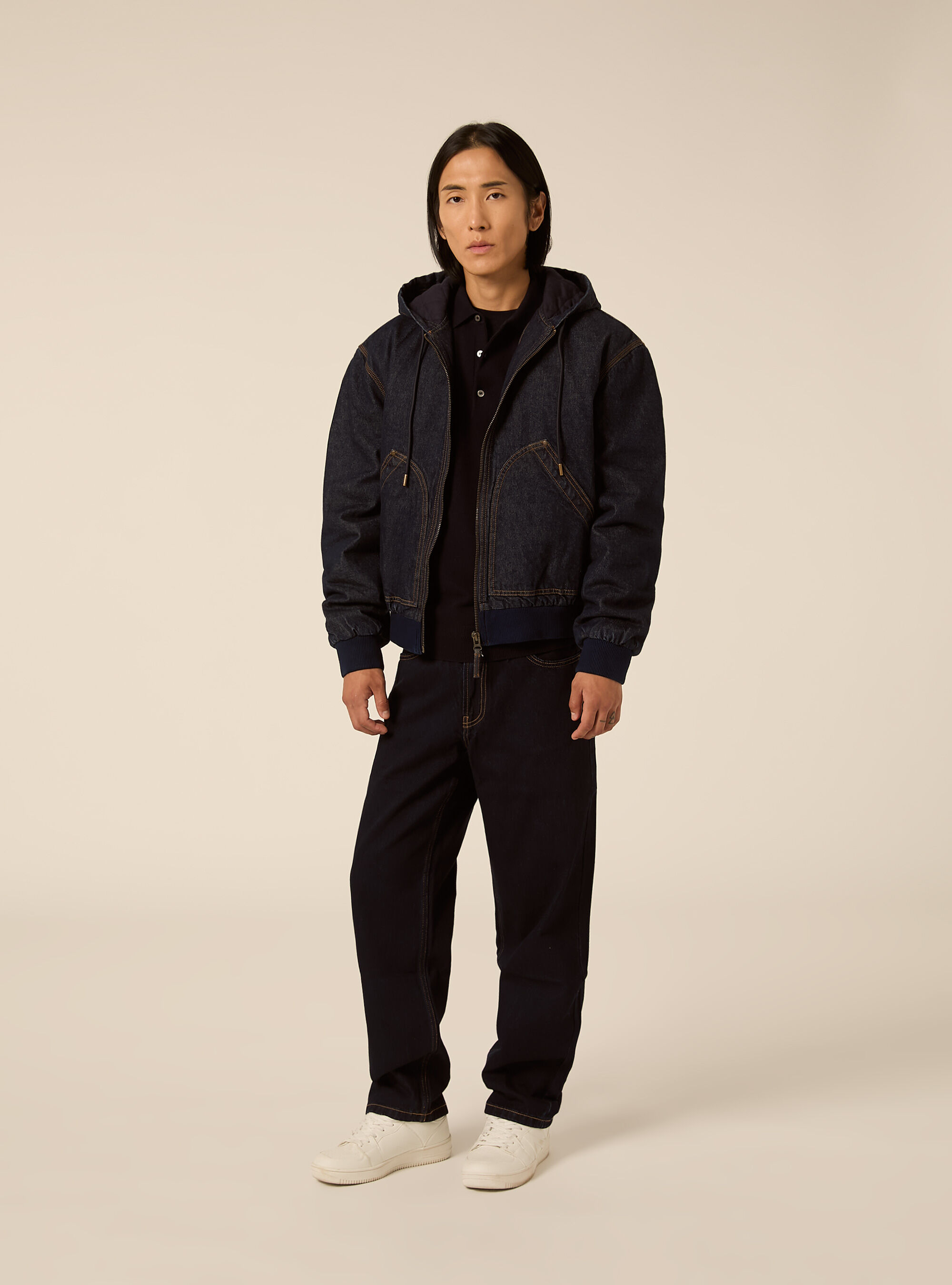 Giacca imbottita con cappuccio in denim, D001 DEEP BLUE