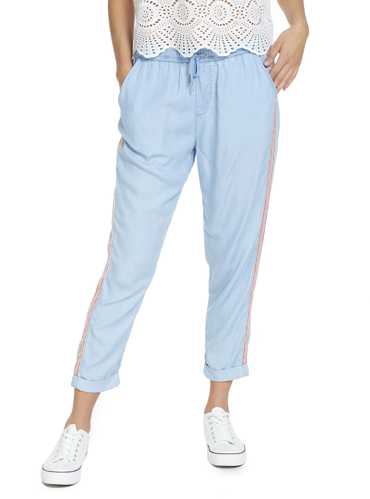 Jogger in tessuto leggero effetto denim con bande laterali a contrasto, BLUE