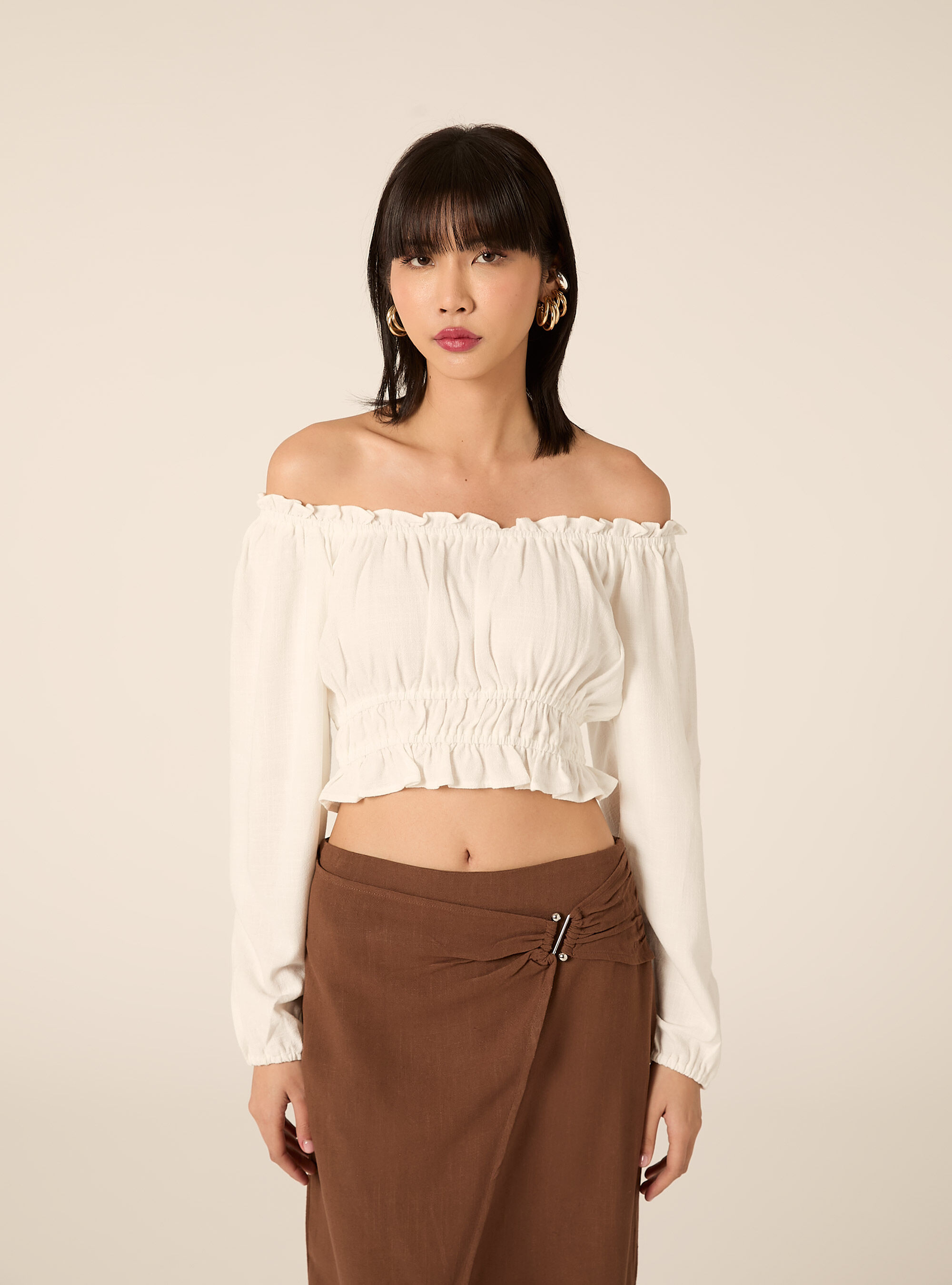 Blusa con spalle scoperte in misto lino, WH2 WHITE