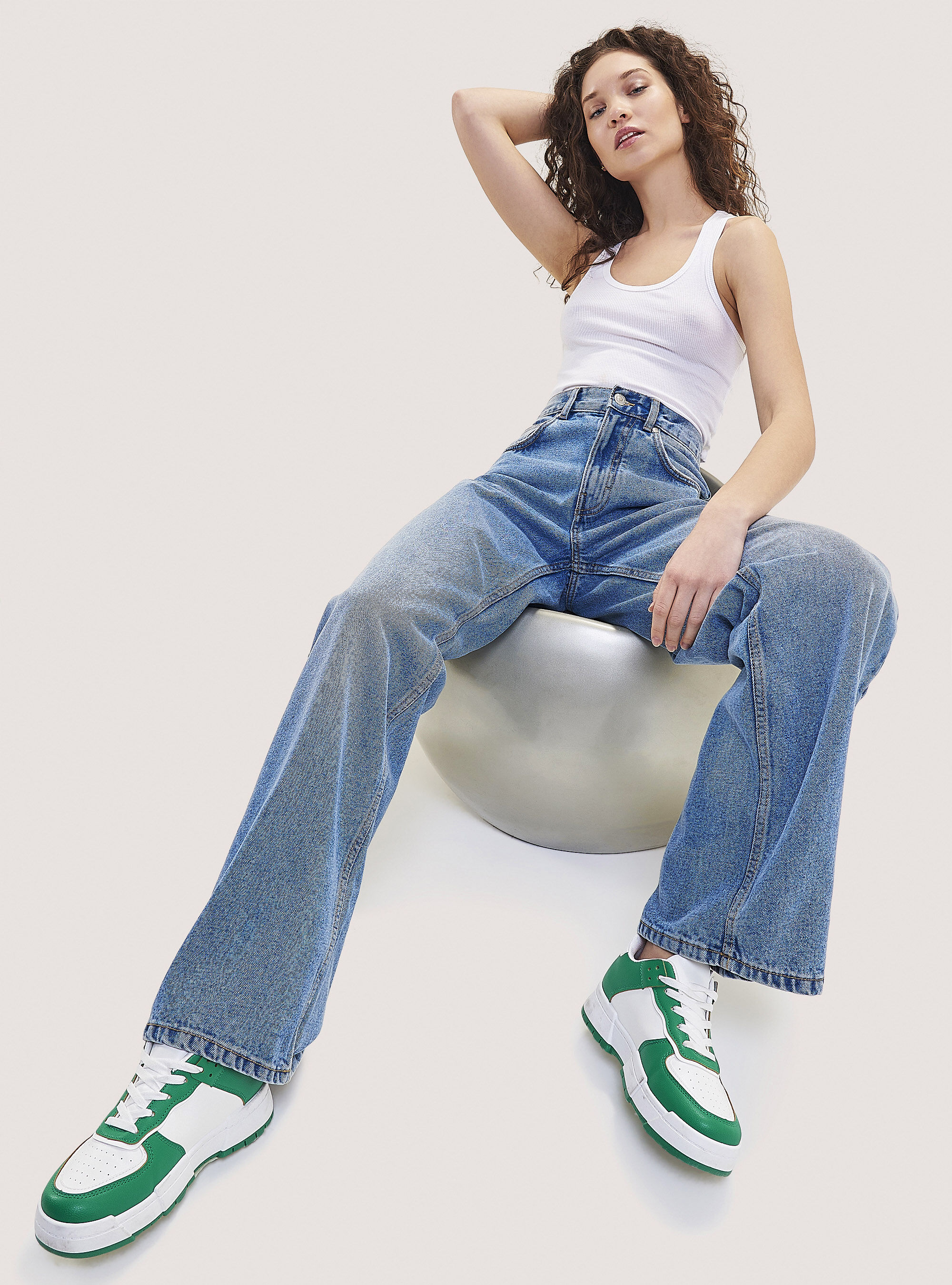 Jeans en coton &agrave; jambe large, D005 LIGHT BLUE