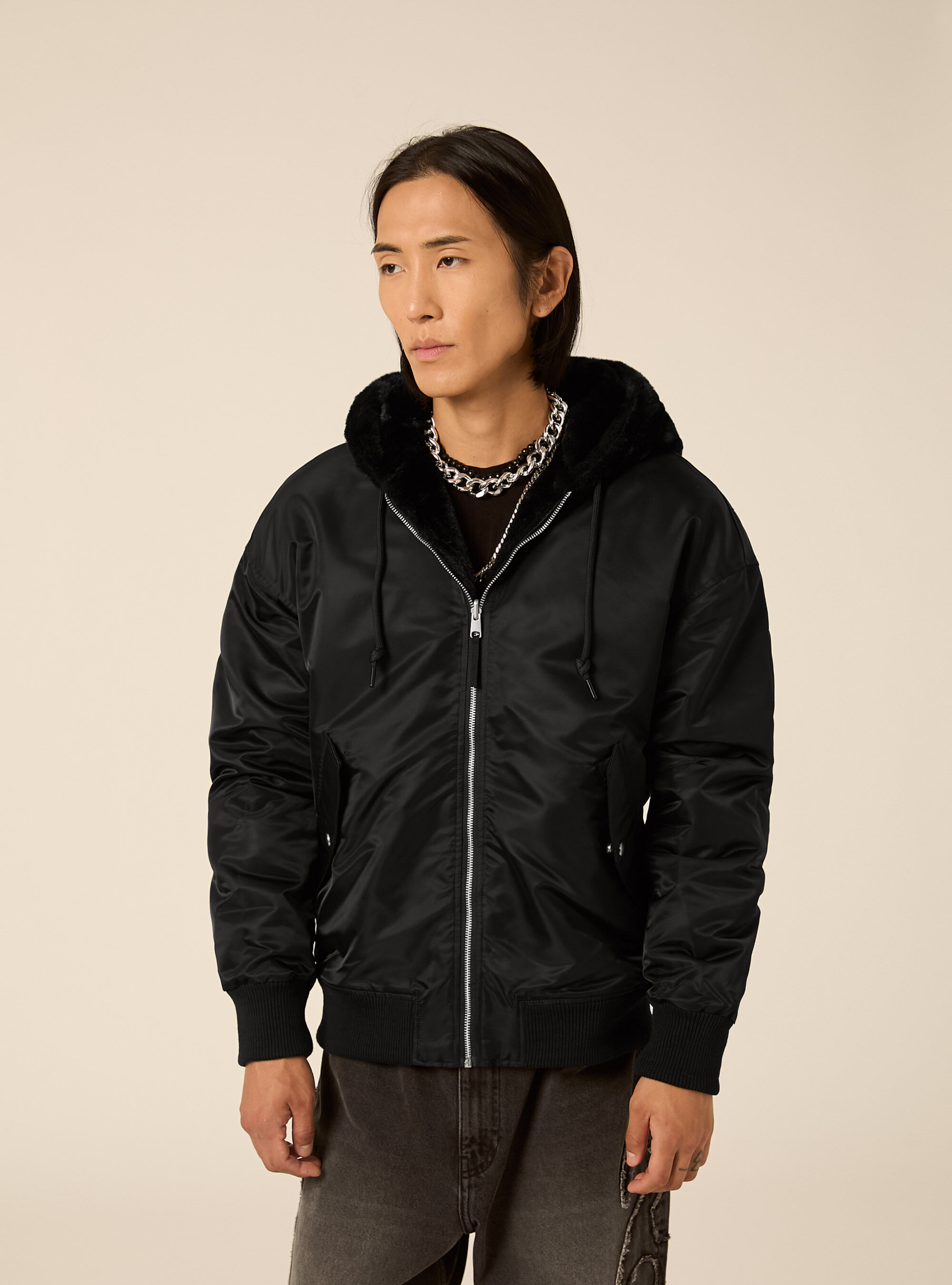 Bomber reversibile con cappuccio, BK1 BLACK