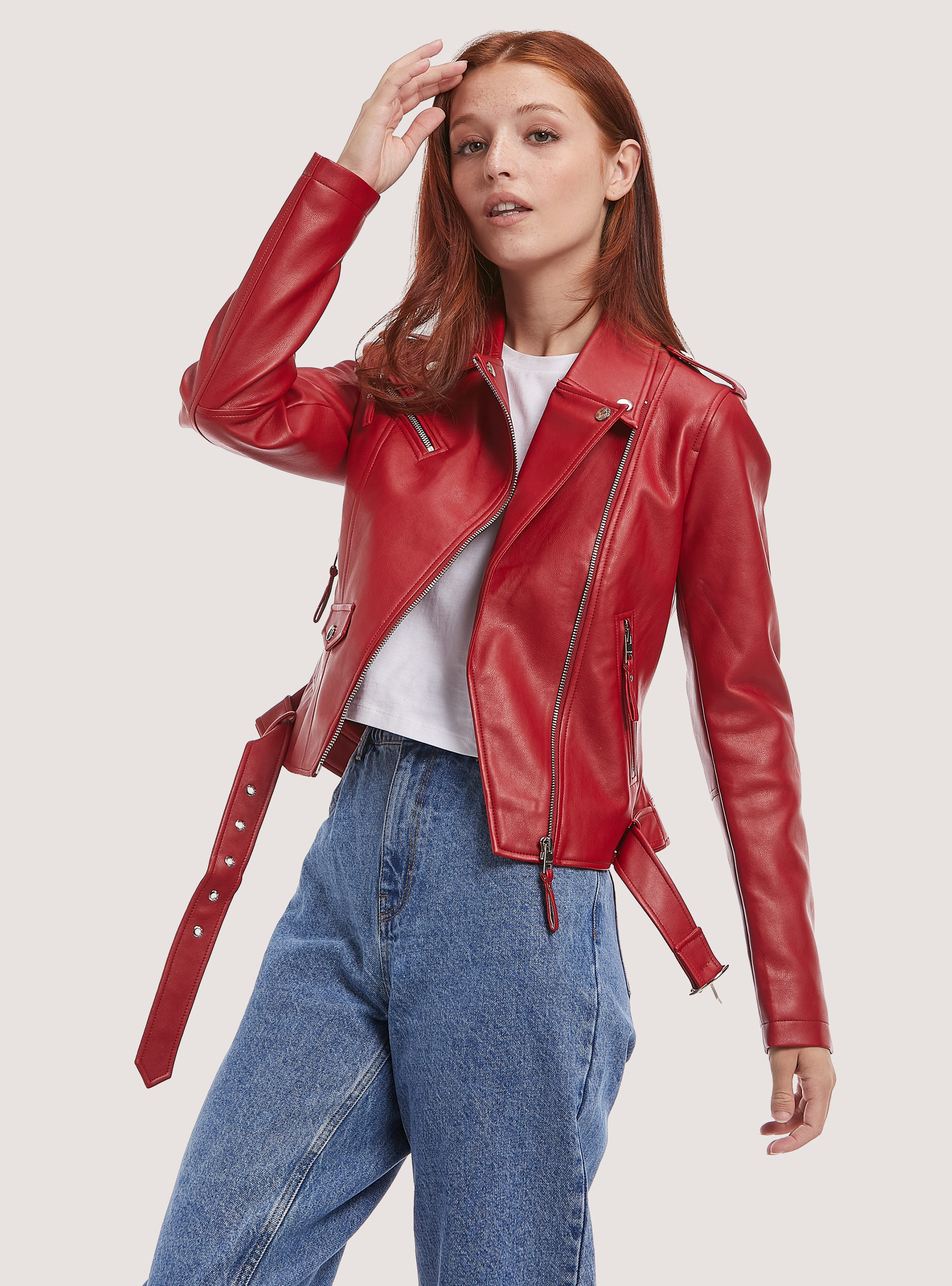 Leather jacket with sales fabric sleeves