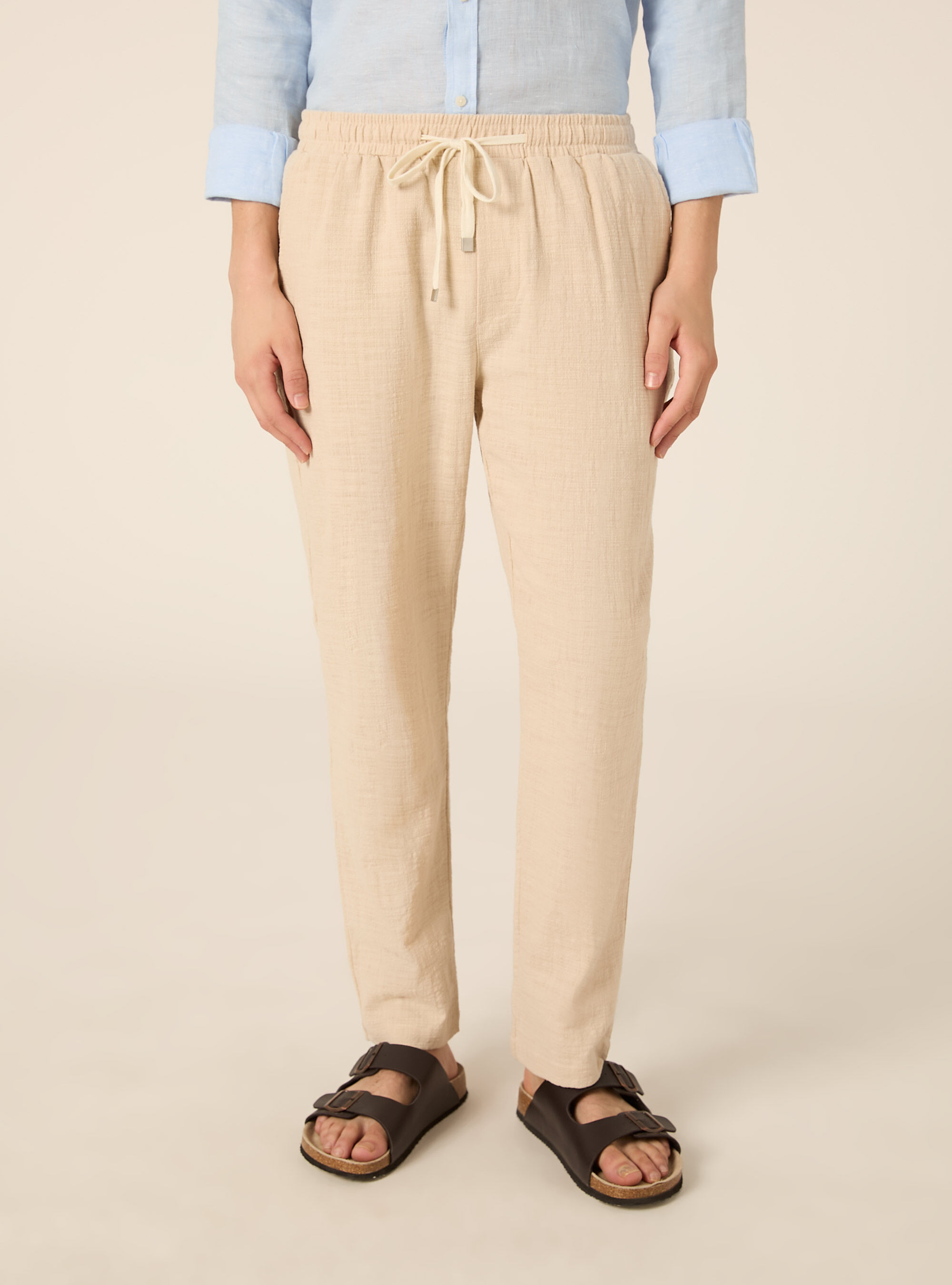 Pantaloni in cotone con laccio in vita, BG3 BEIGE LIGHT