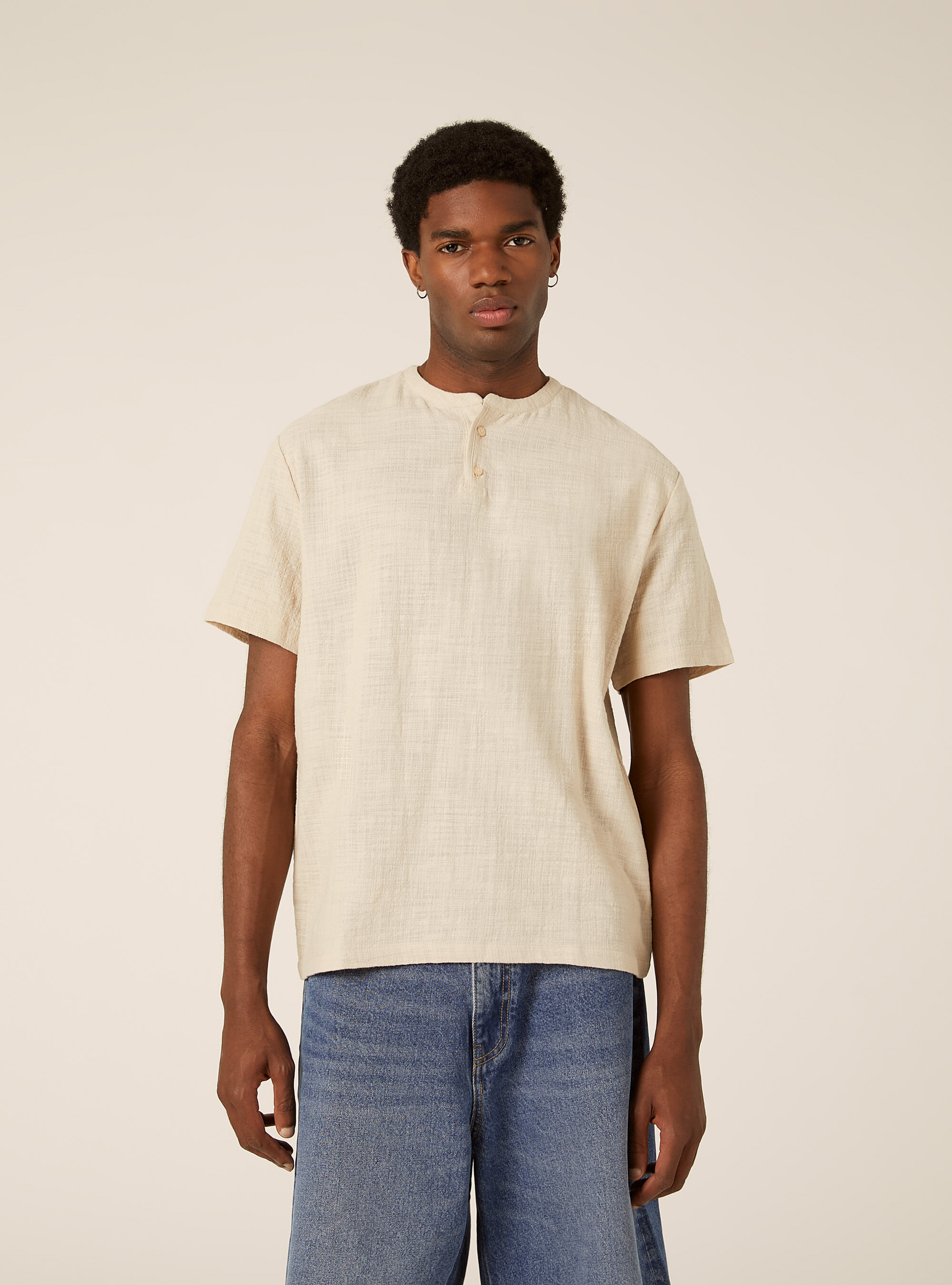 Camicia in cotone mezza placchetta, BG3 BEIGE LIGHT