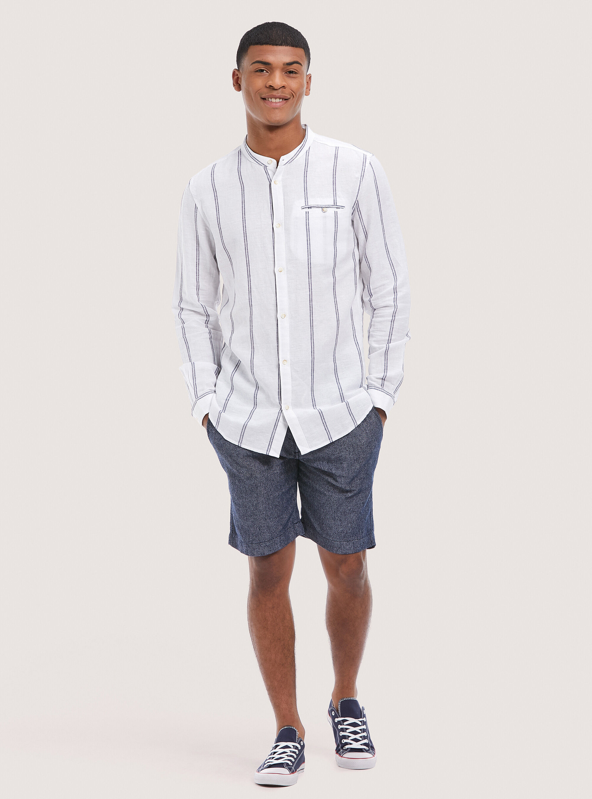 Linen blend striped shirt, BLUE NAVY