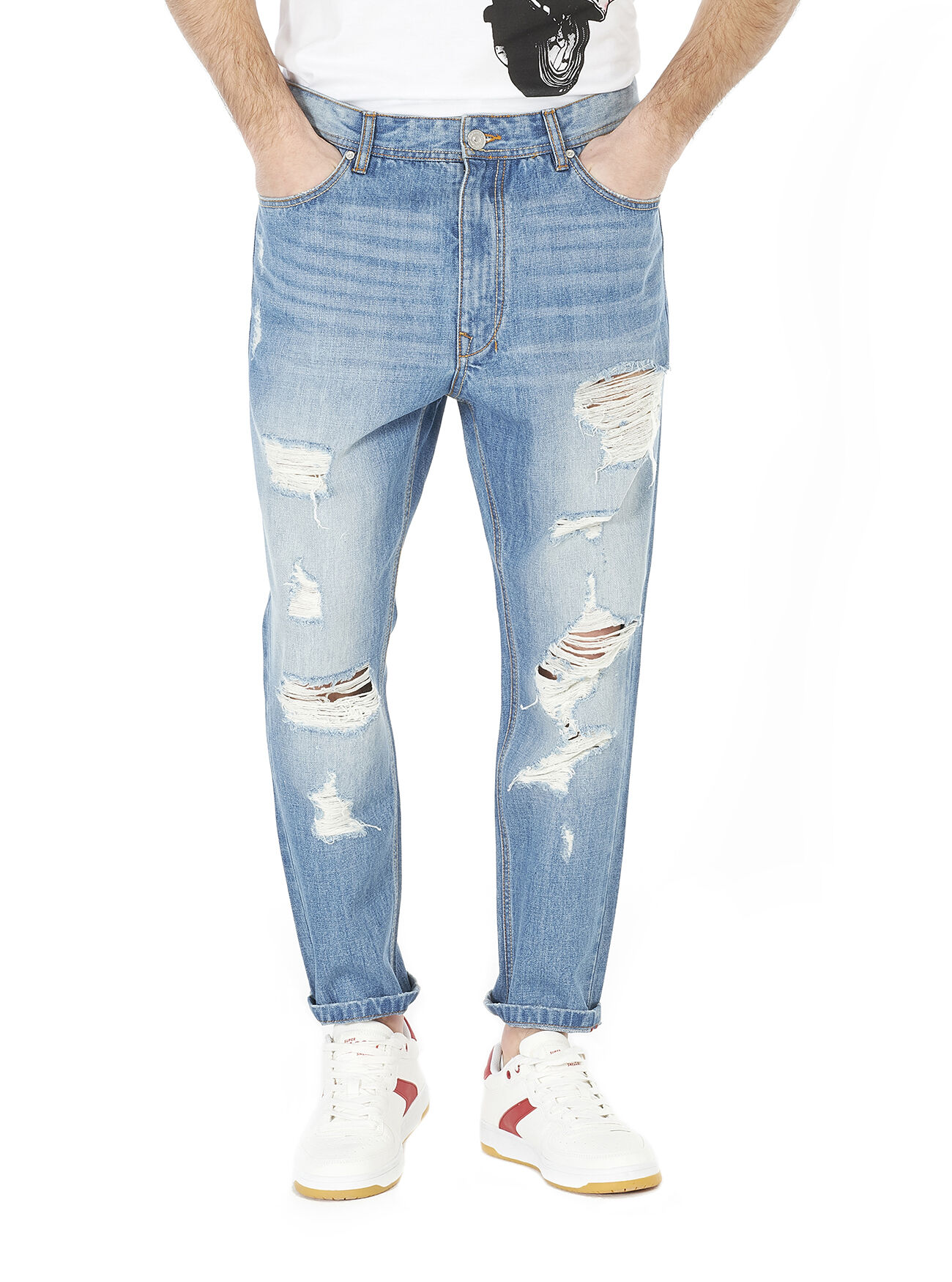 Denim carrot fit con rotture, BLUE