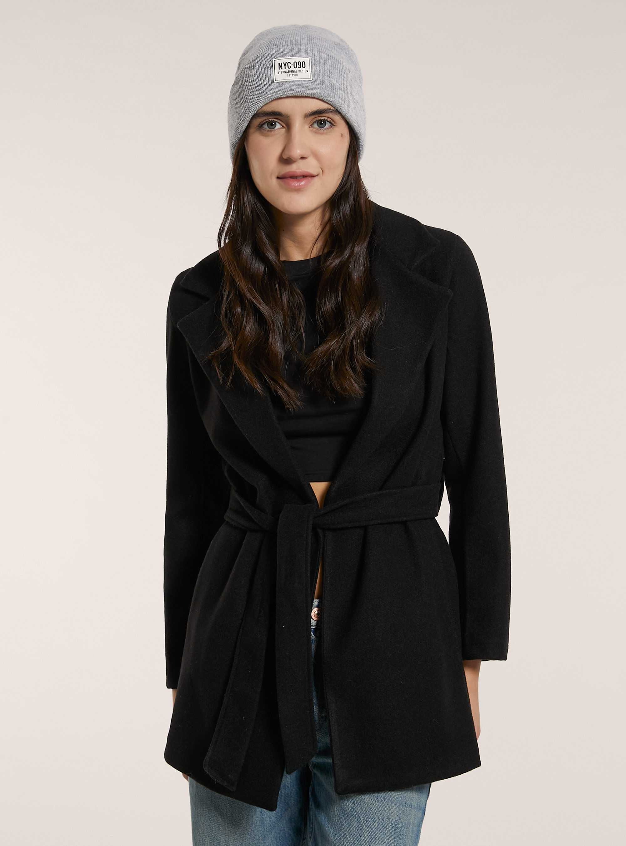 Cappotto in panno con cintura, BK1 BLACK