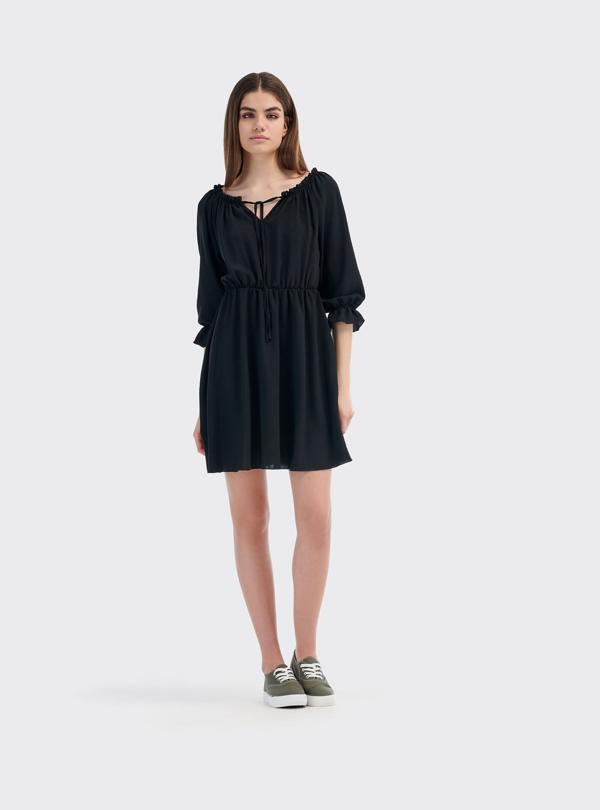 Robe col bardot avec ceinture &eacute;lastique, C101 BLACK