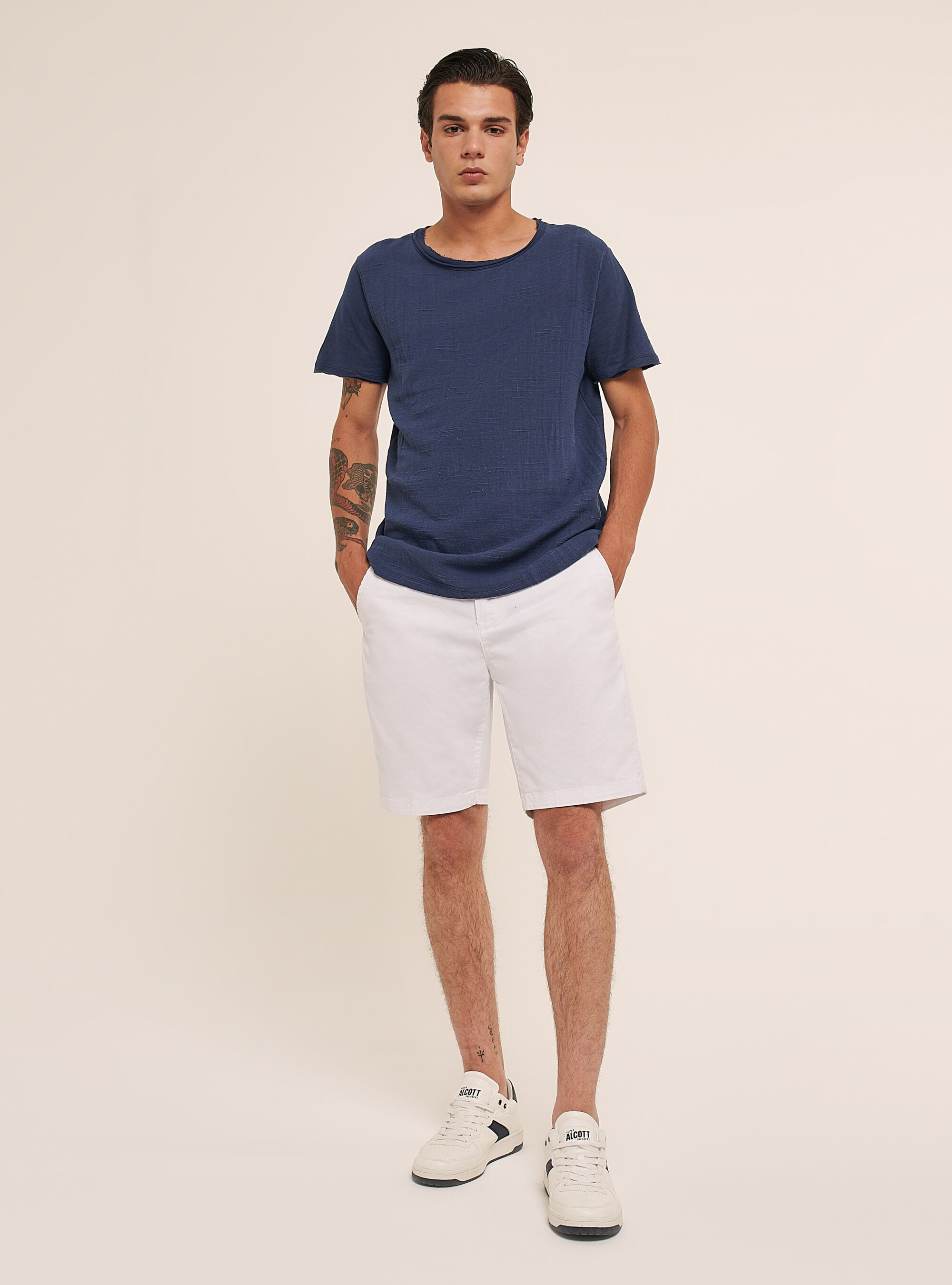 Linen-blend T-shirt in slub fabric, C214 BLUE NAVY