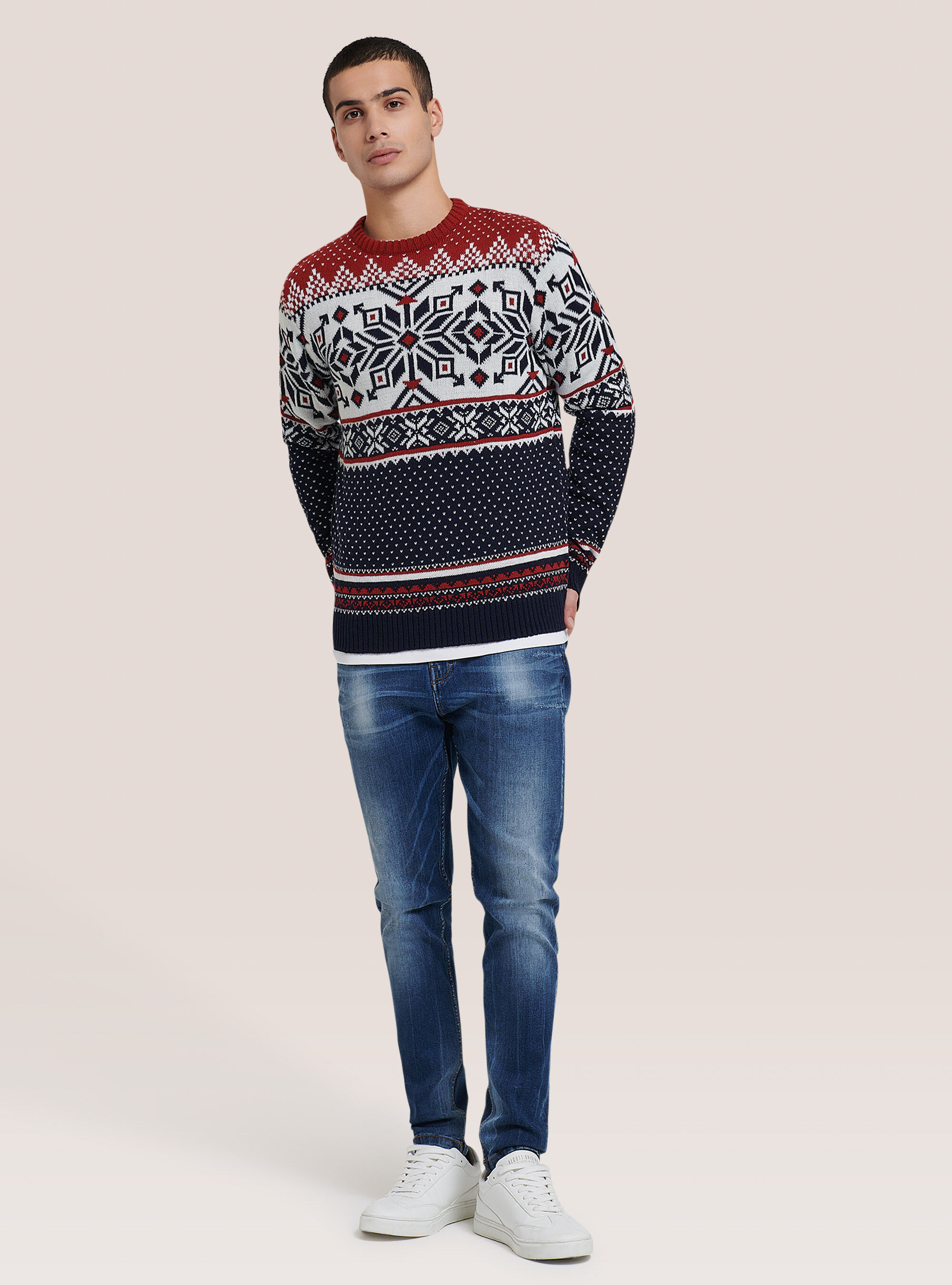 Jersey navide&ntilde;o de cuello redondo con copos de nieve, ROJO