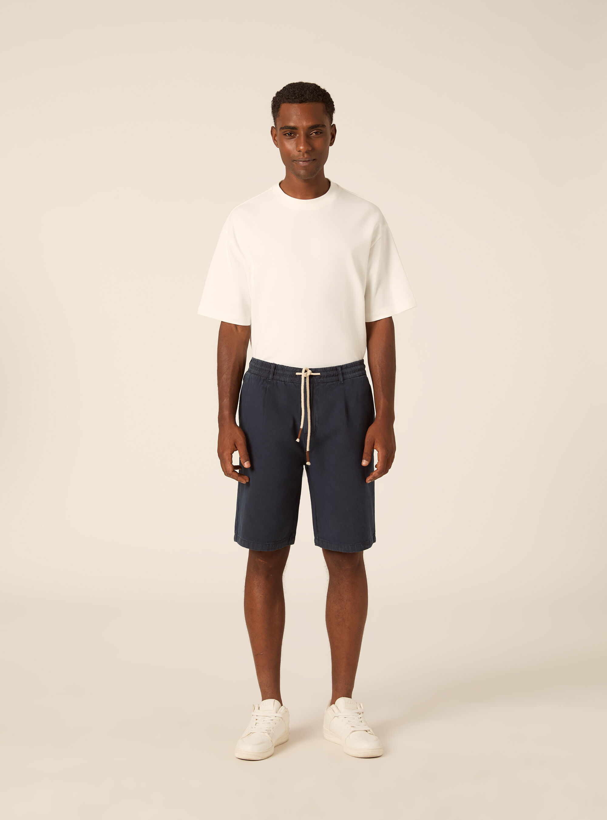 Pleated Baby Twill Drawstring Bermuda Shorts