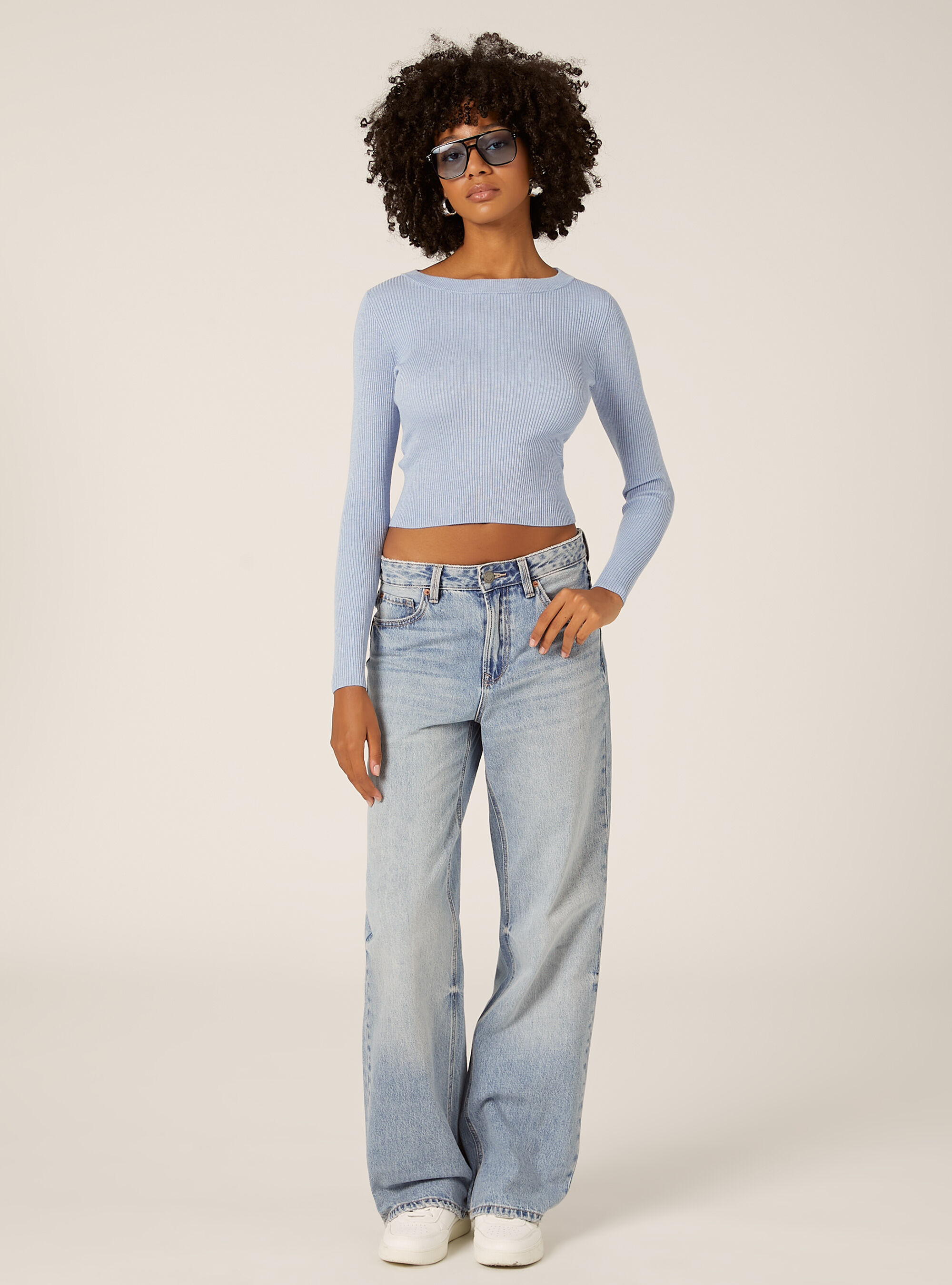 Maglia girocollo a coste, MAZ2 AZURE MEL MEDIUM