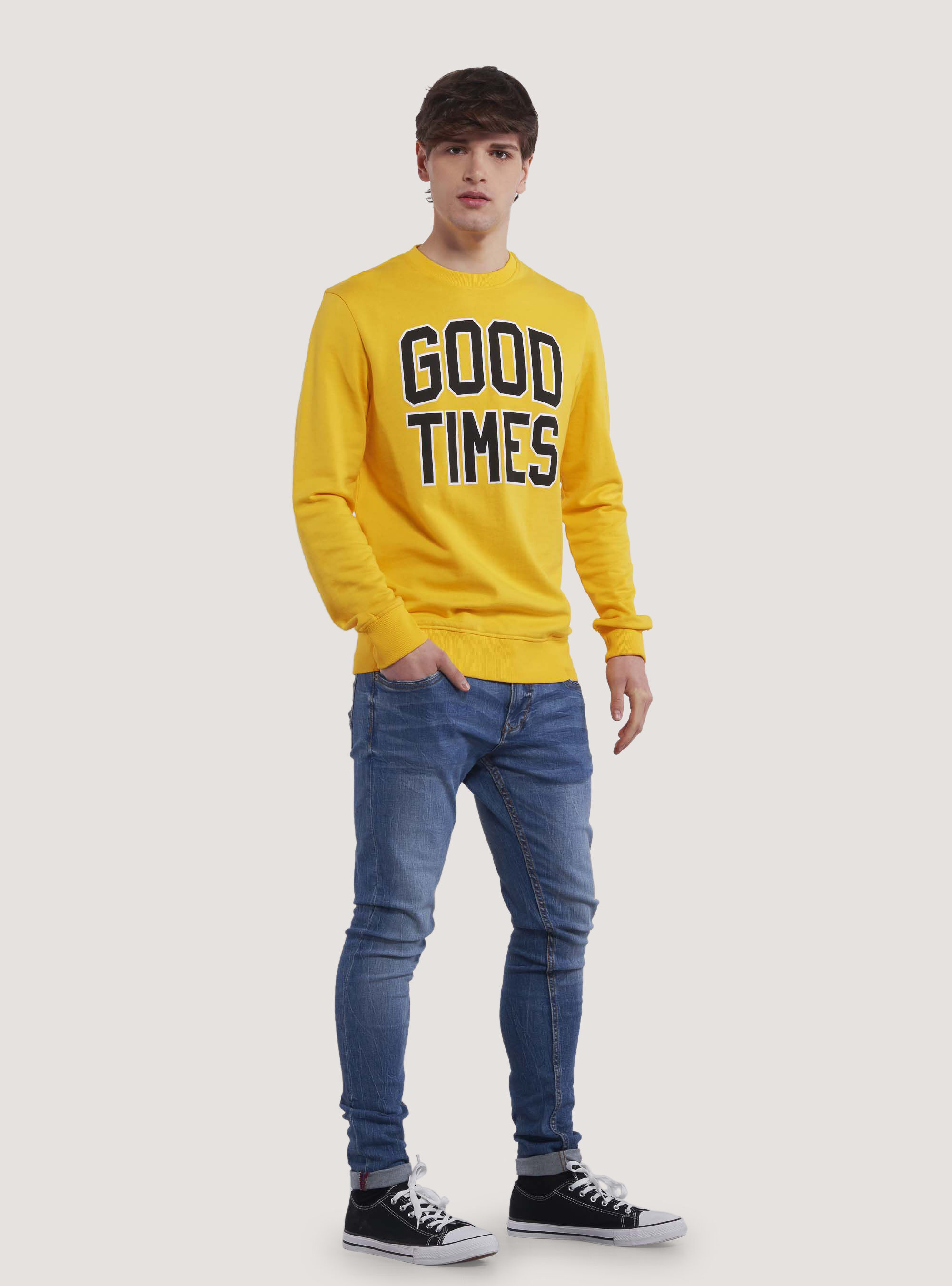 Sweat &agrave; col ras de cou en terry avec impression, C7750 YELLOW