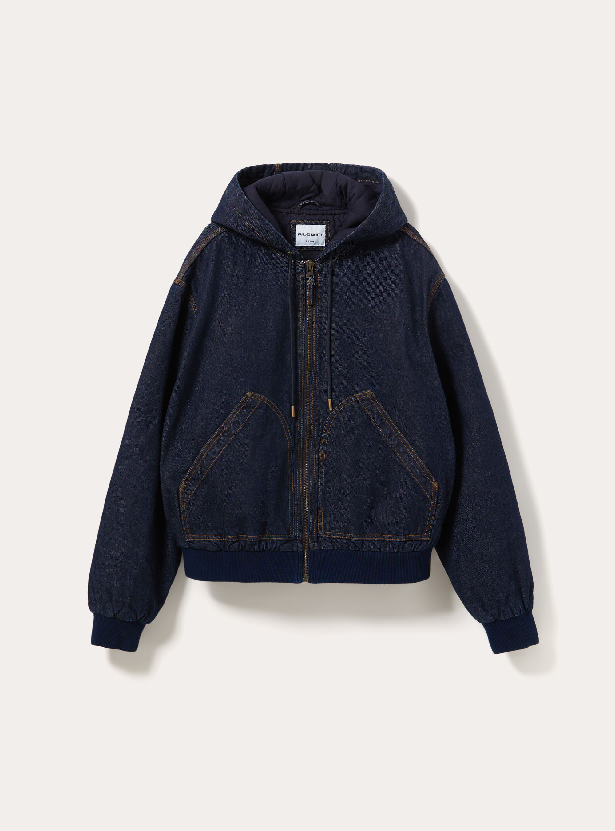 Giacca imbottita con cappuccio in denim, D001 DEEP BLUE