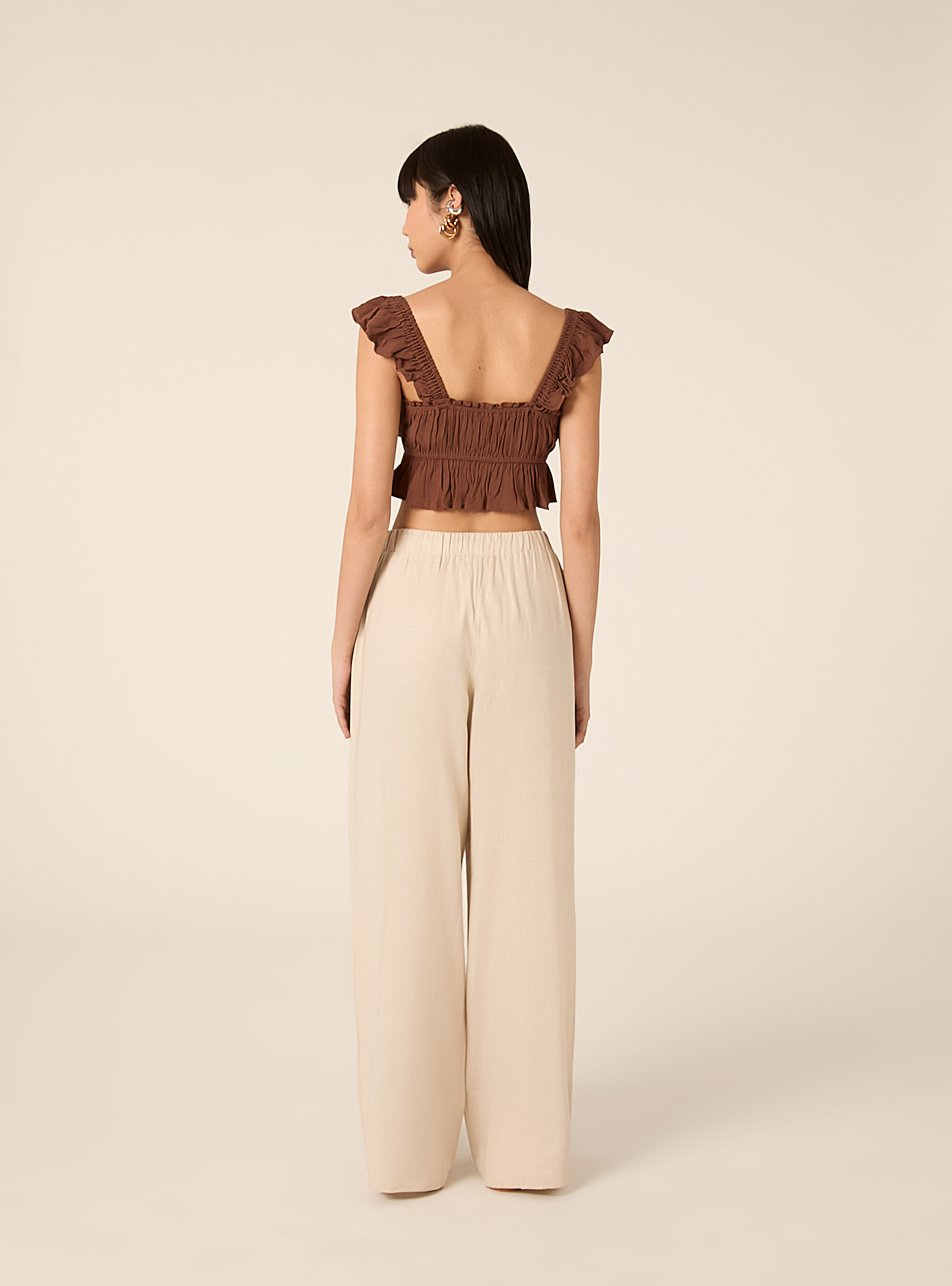 Pantaloni lunghi loose fit in misto lino, BEIGE MEDIO