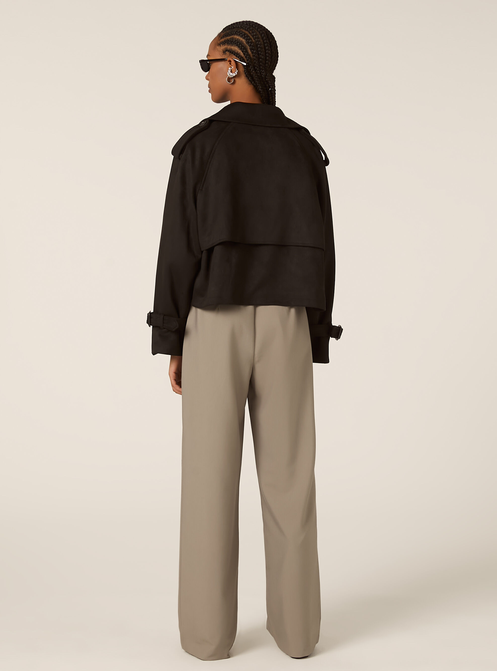 Cropped suede-effect trench coat, BK1 BLACK