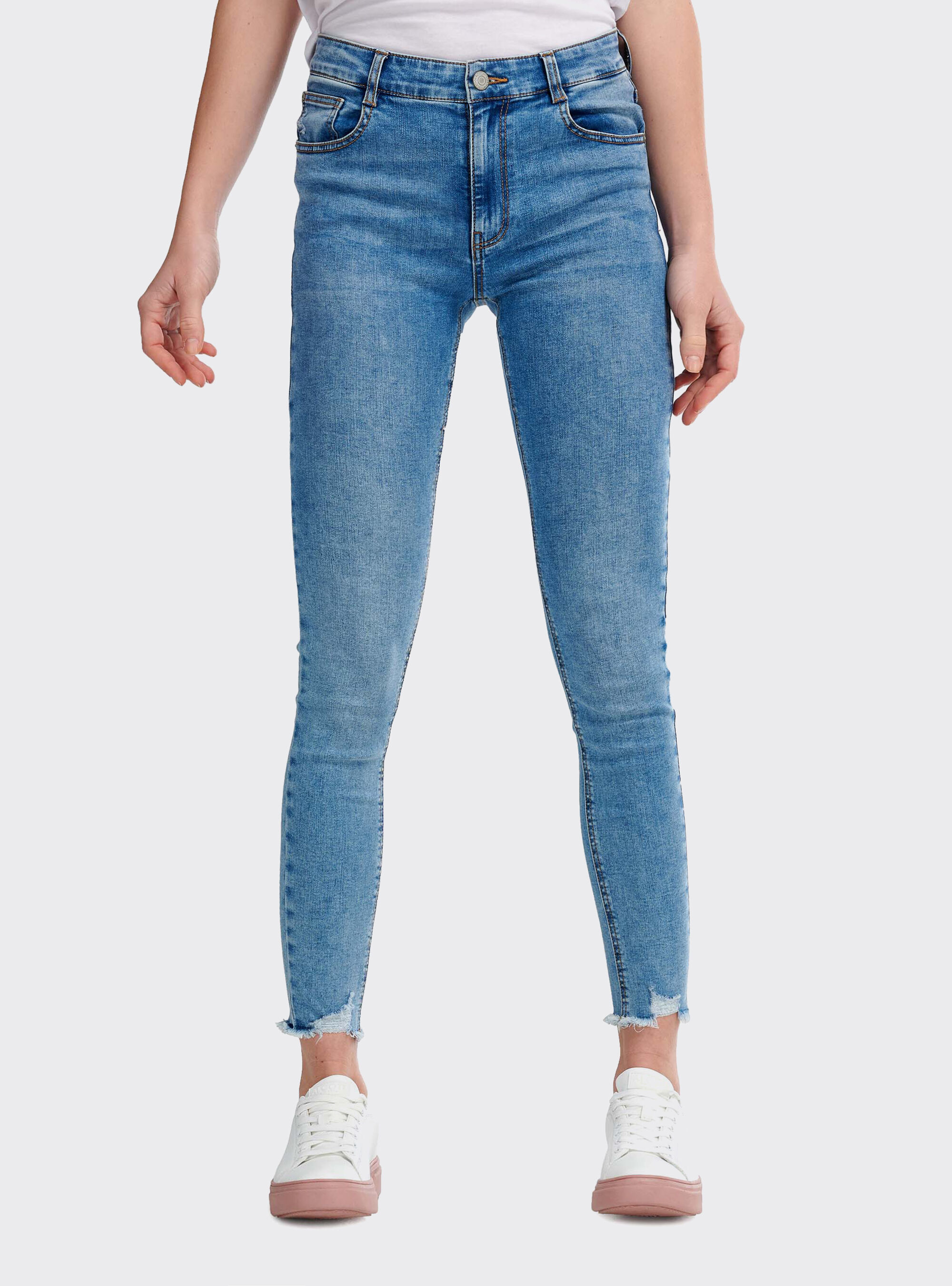 Jean stretch raccourci taille haute effiloch&eacute;, C272 BLUE