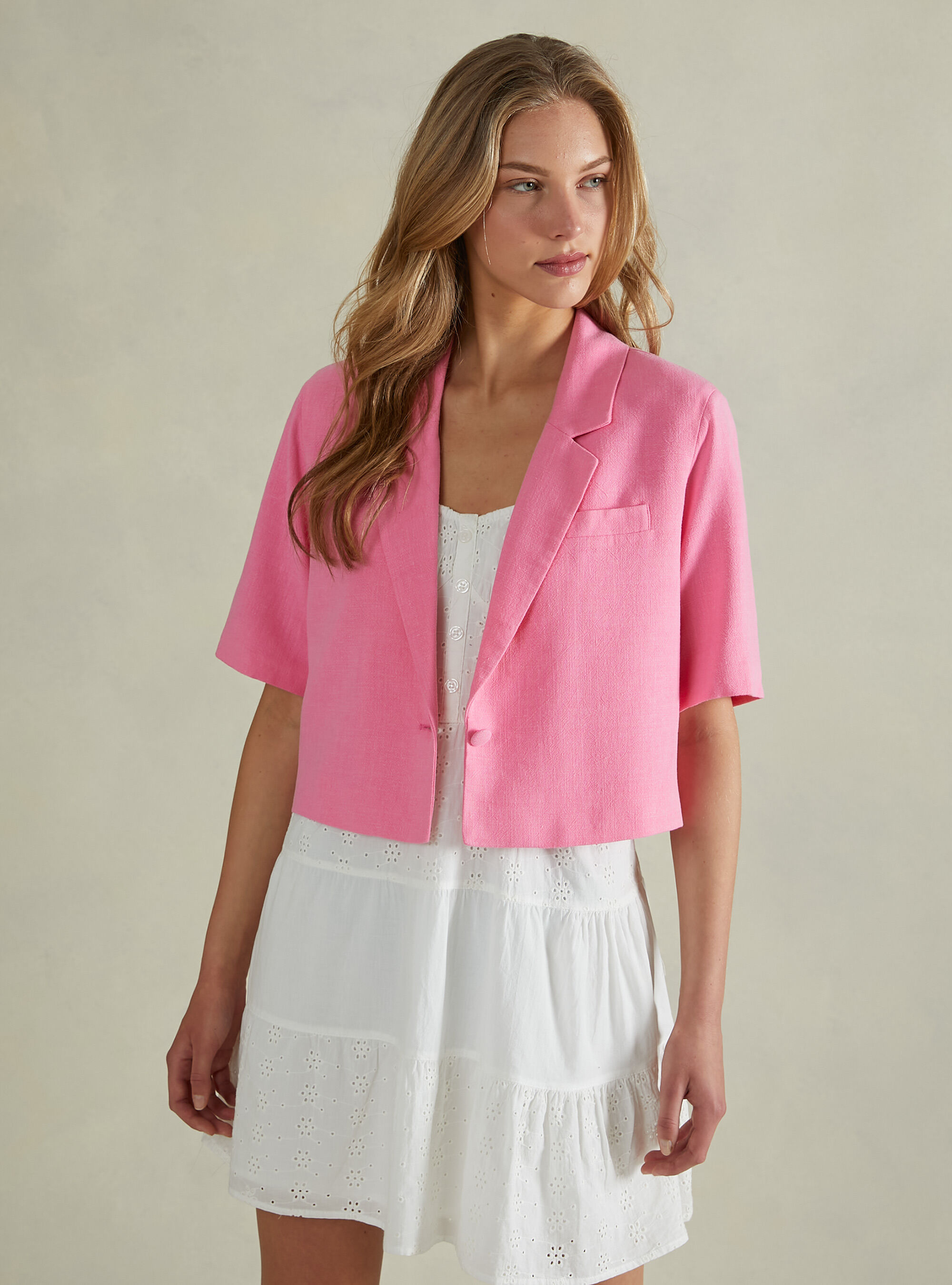 Blazer corto en mezcla de lino, PK1 PINK DARK
