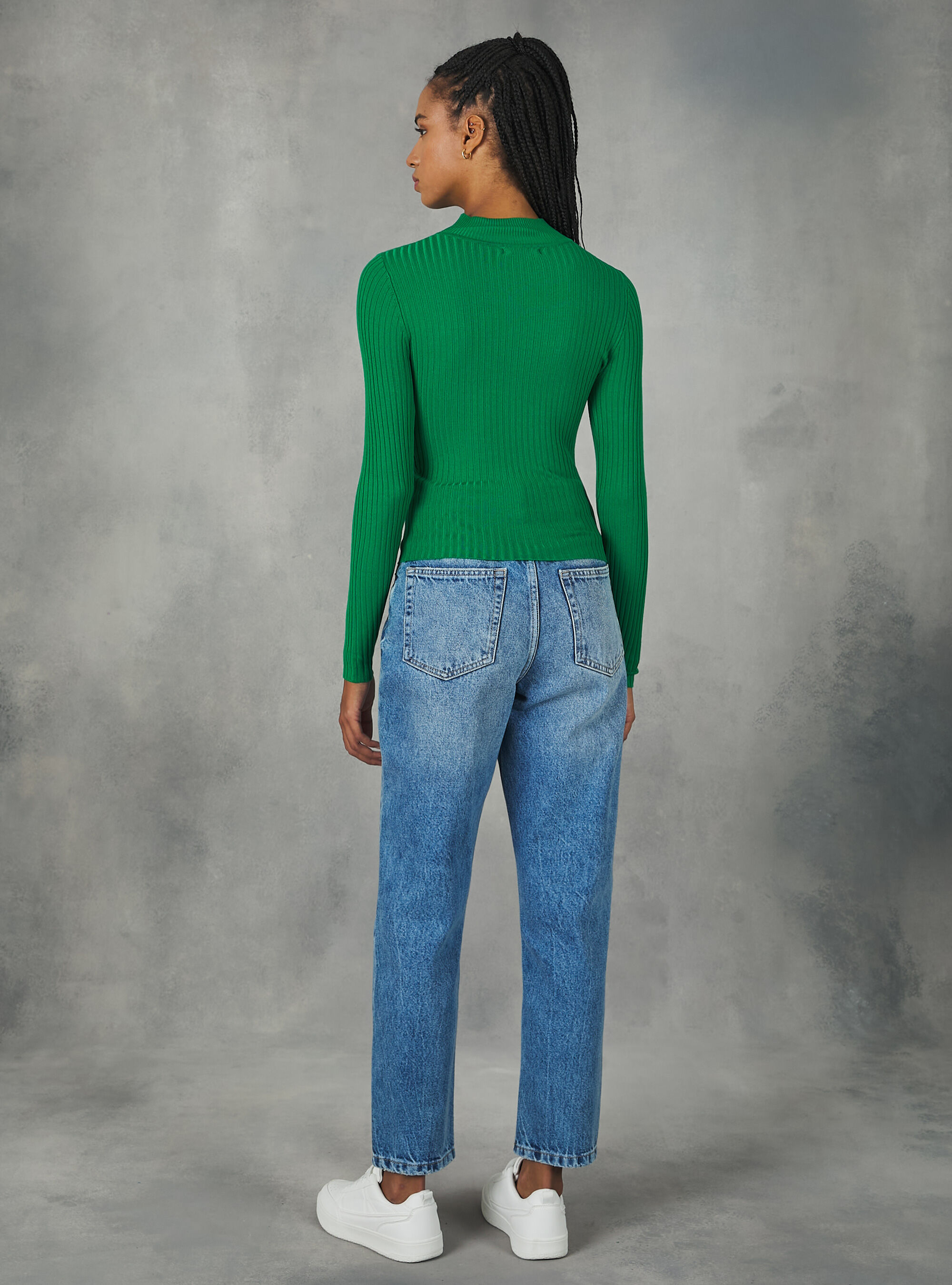 Pullover cropped a coste a mezzo collo, GN2 GREEN MEDIUM