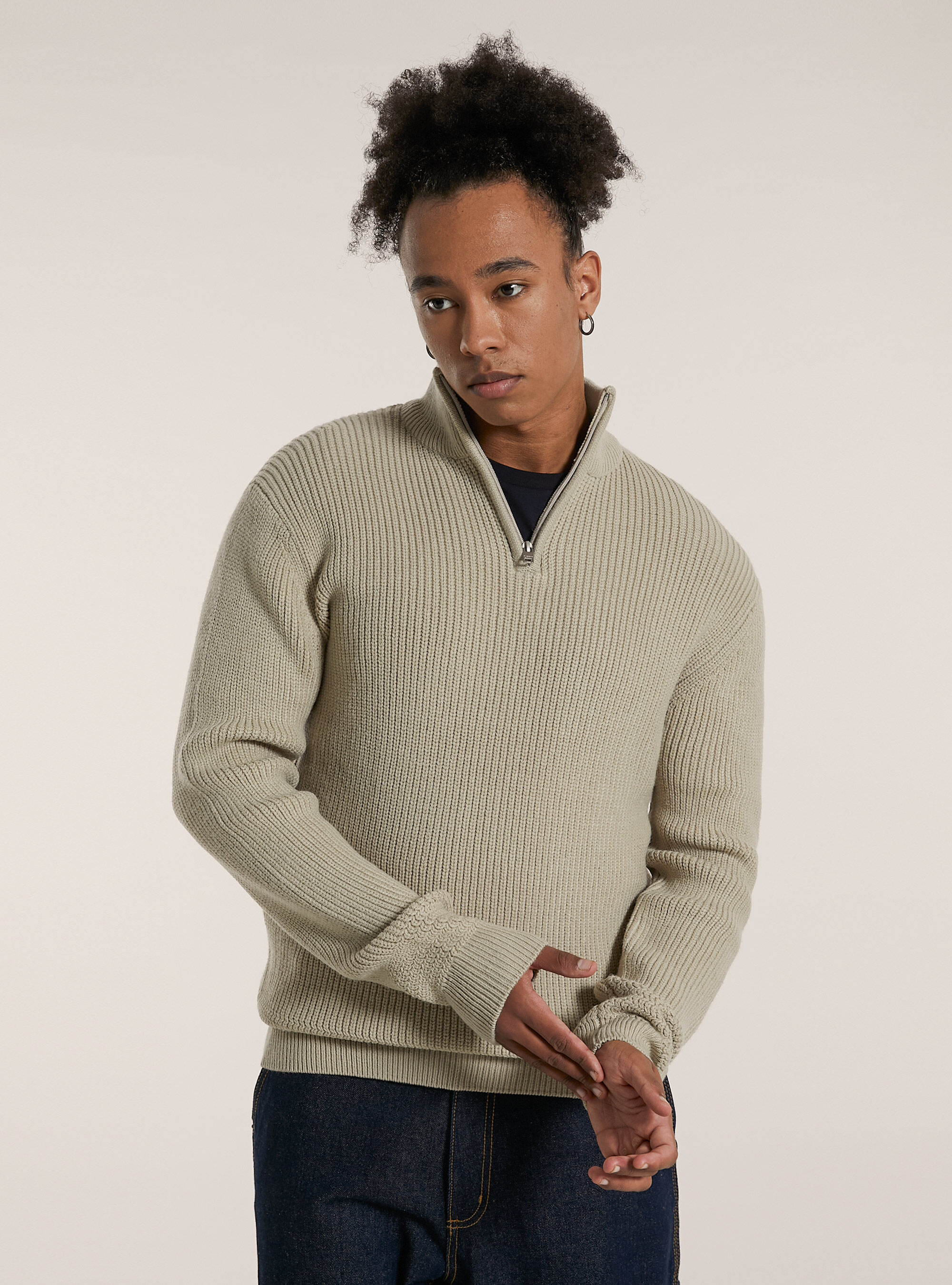 High-neck pullover with half zip, MBG3 BEIGE MEL LIGHT