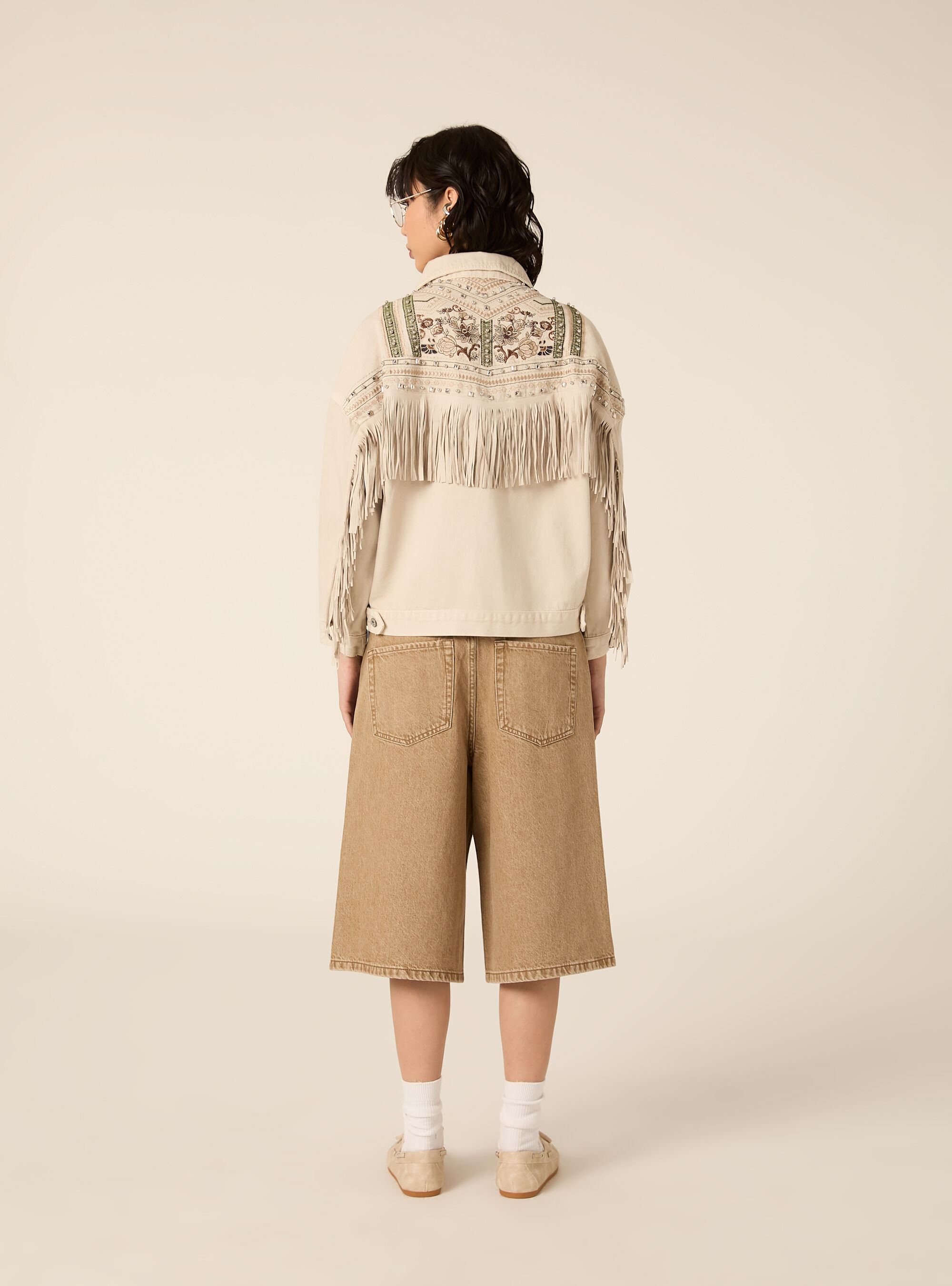 Giubbotto in denim con frange, BG3 BEIGE LIGHT