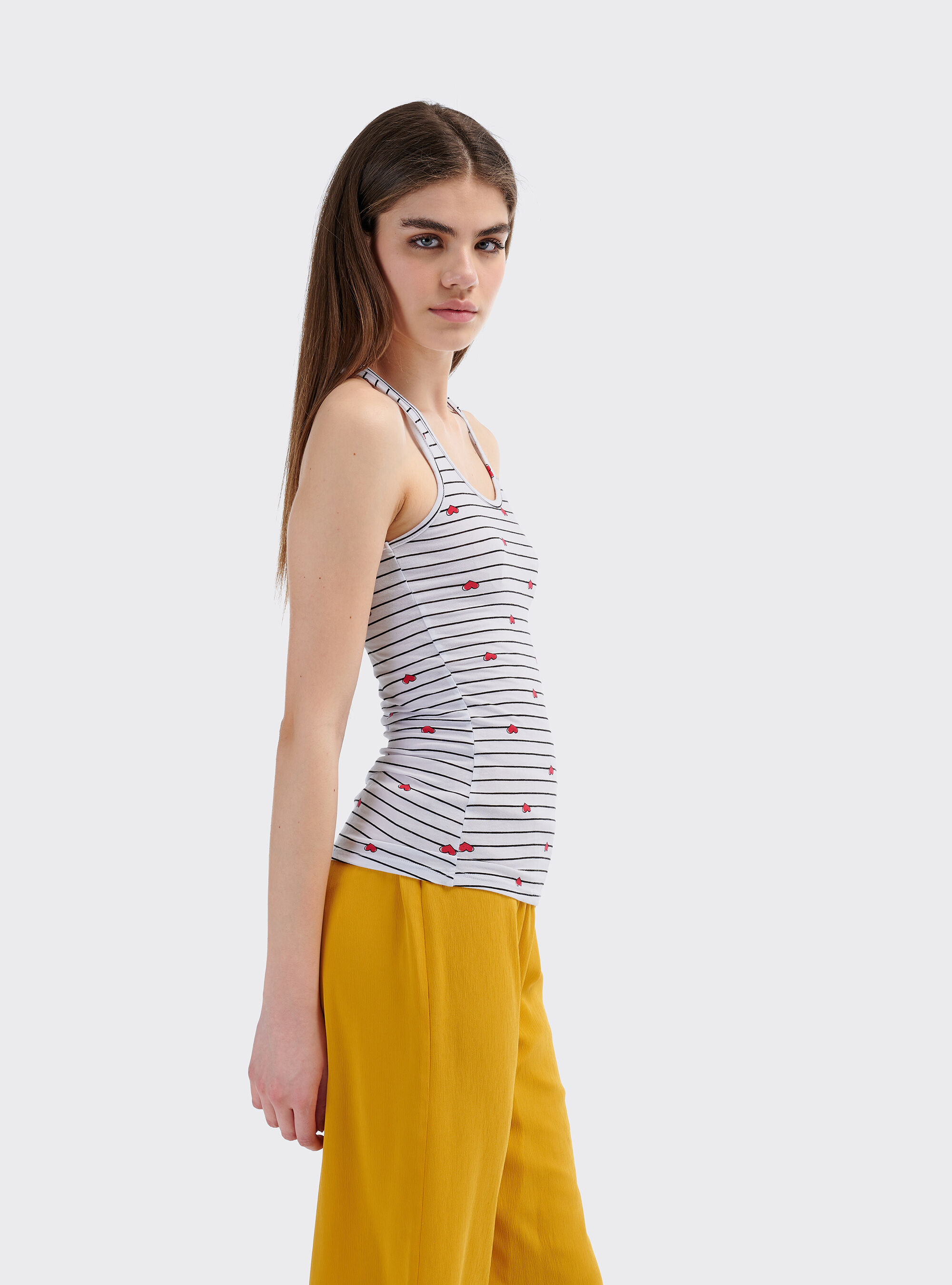 Top stretch fit stampa a righe con scollo americano sul retro, MULTICOLOR