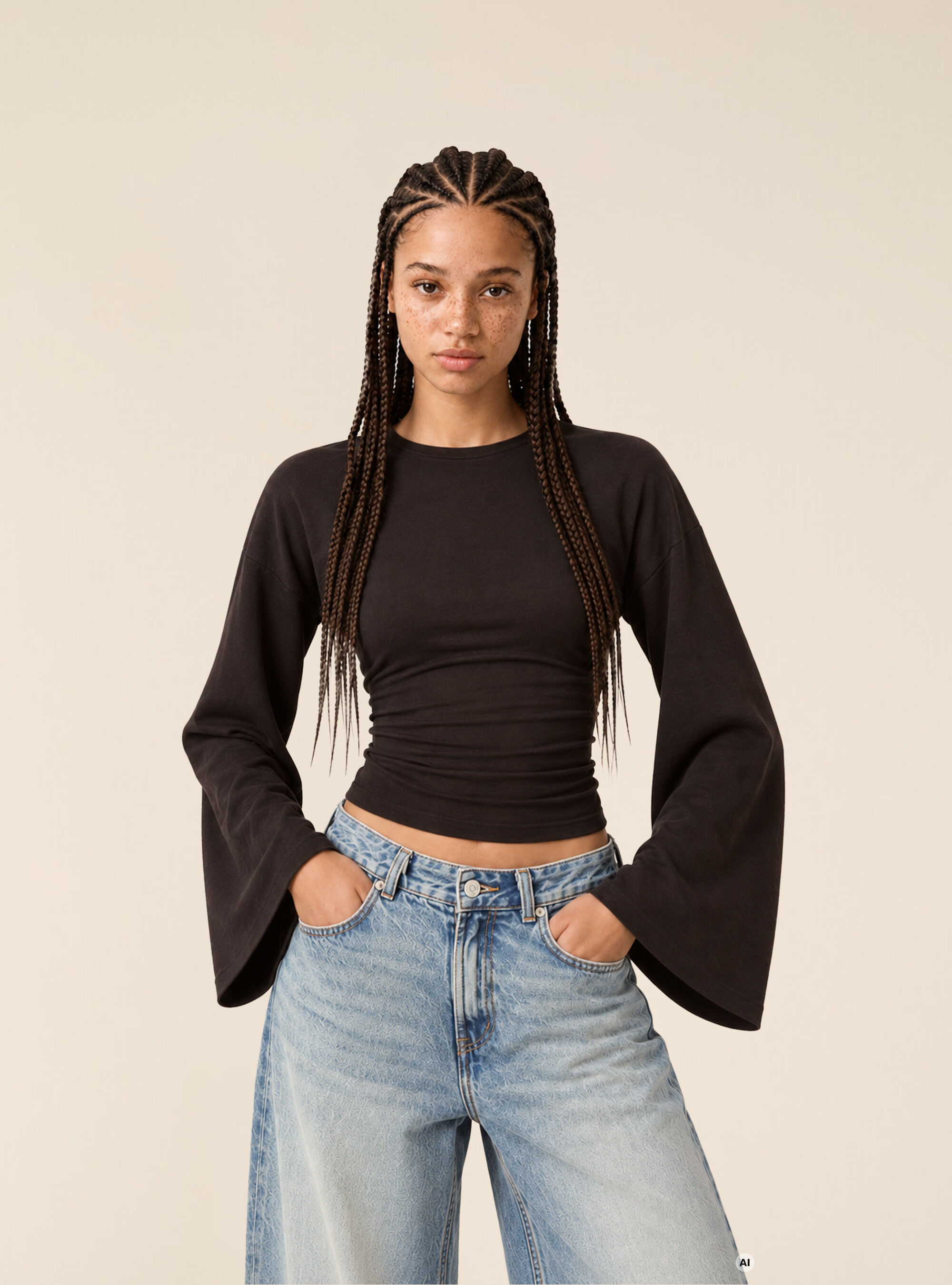 Haut a manches evasees avec fronces, BK1 BLACK