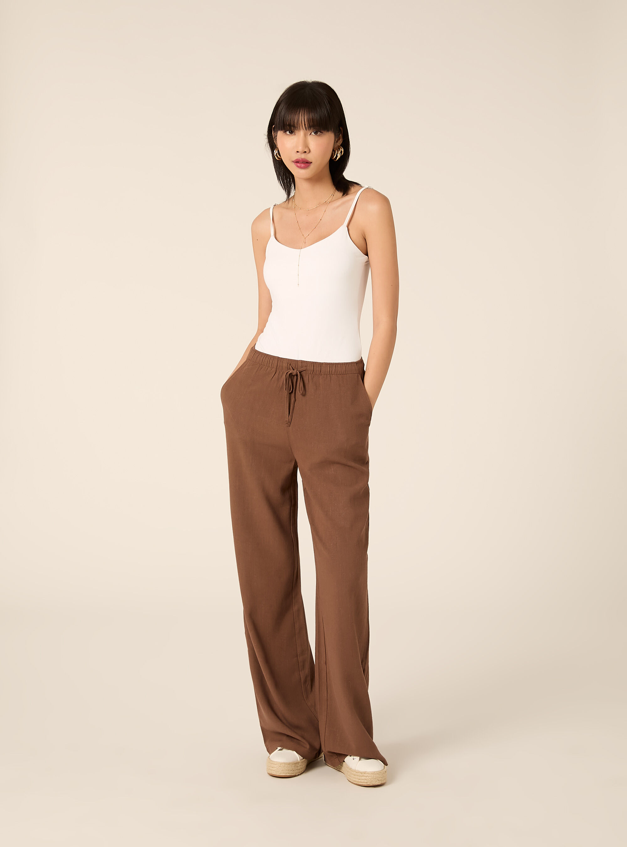 Pantaloni wide leg in misto lino, BR2 BROWN MEDIUM