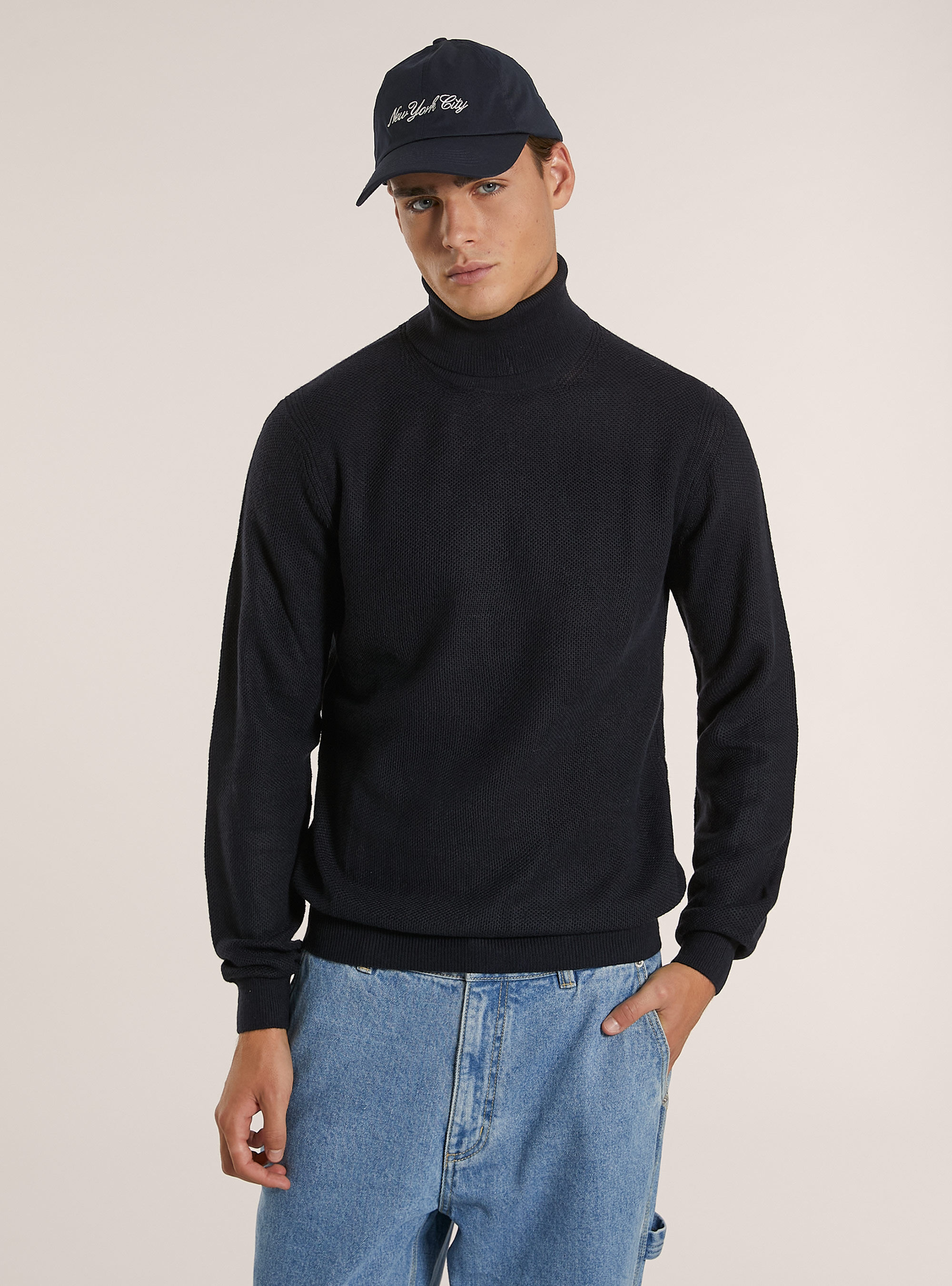 Jersey de cuello alto con textura de punto de arroz, AZUL MARINO