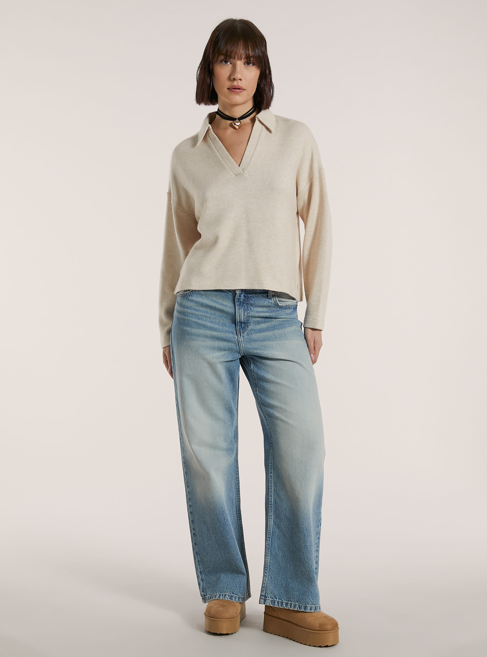 Pullover soft touch con collo polo, BG3 BEIGE LIGHT