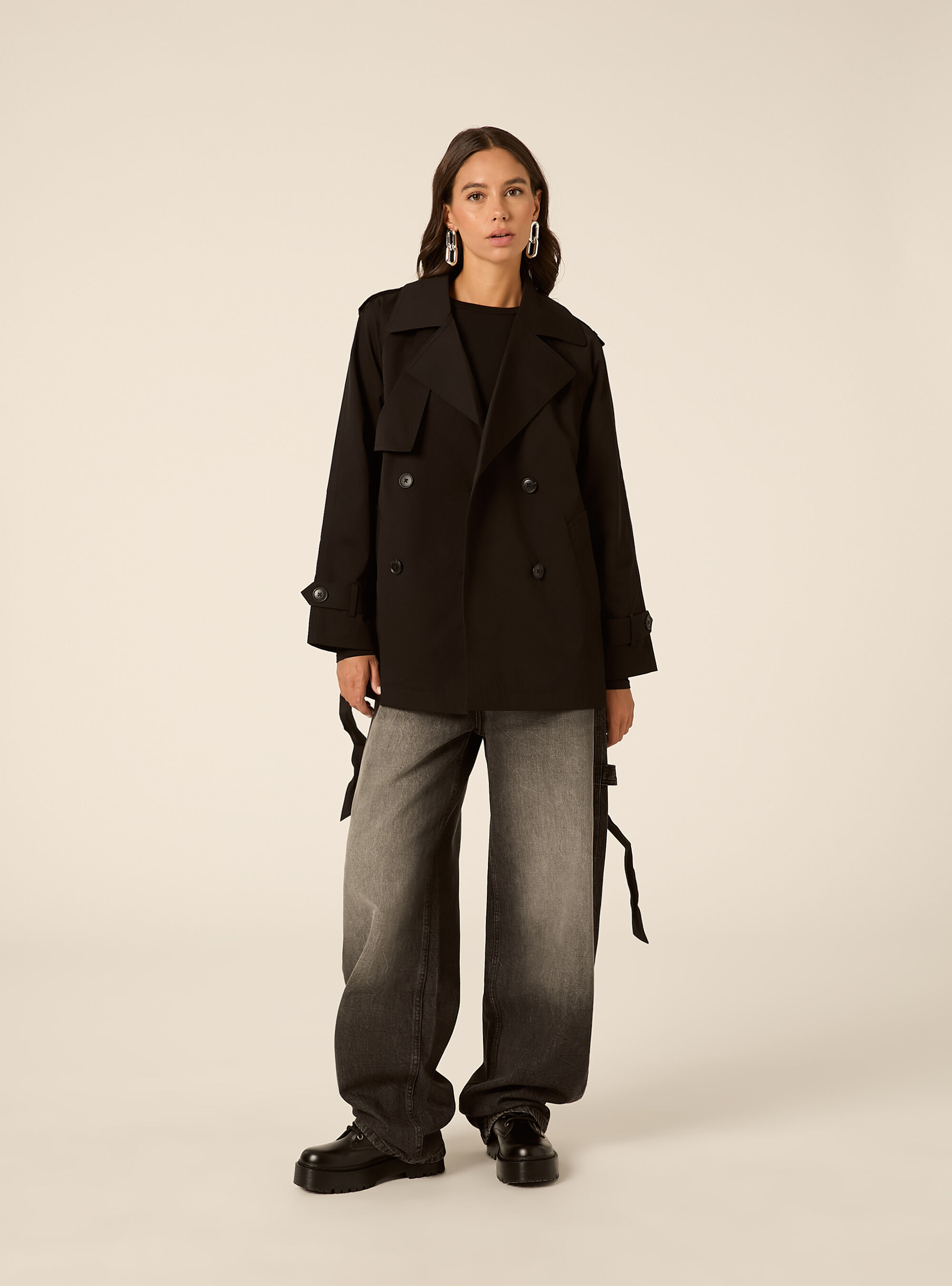 Short Double-Breasted Belted Trench Coat