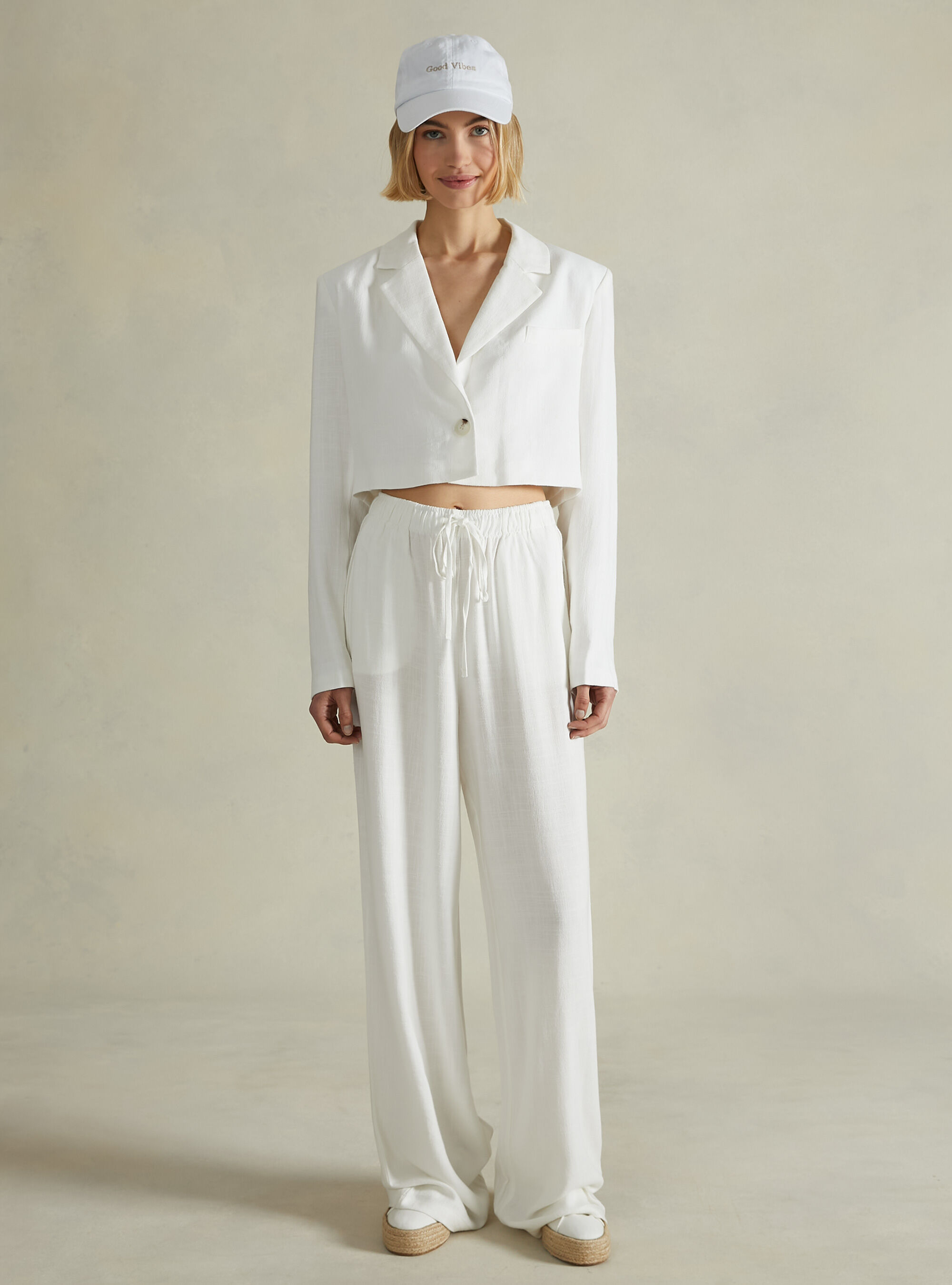 Cropped blazer in linen blend, WH2 WHITE