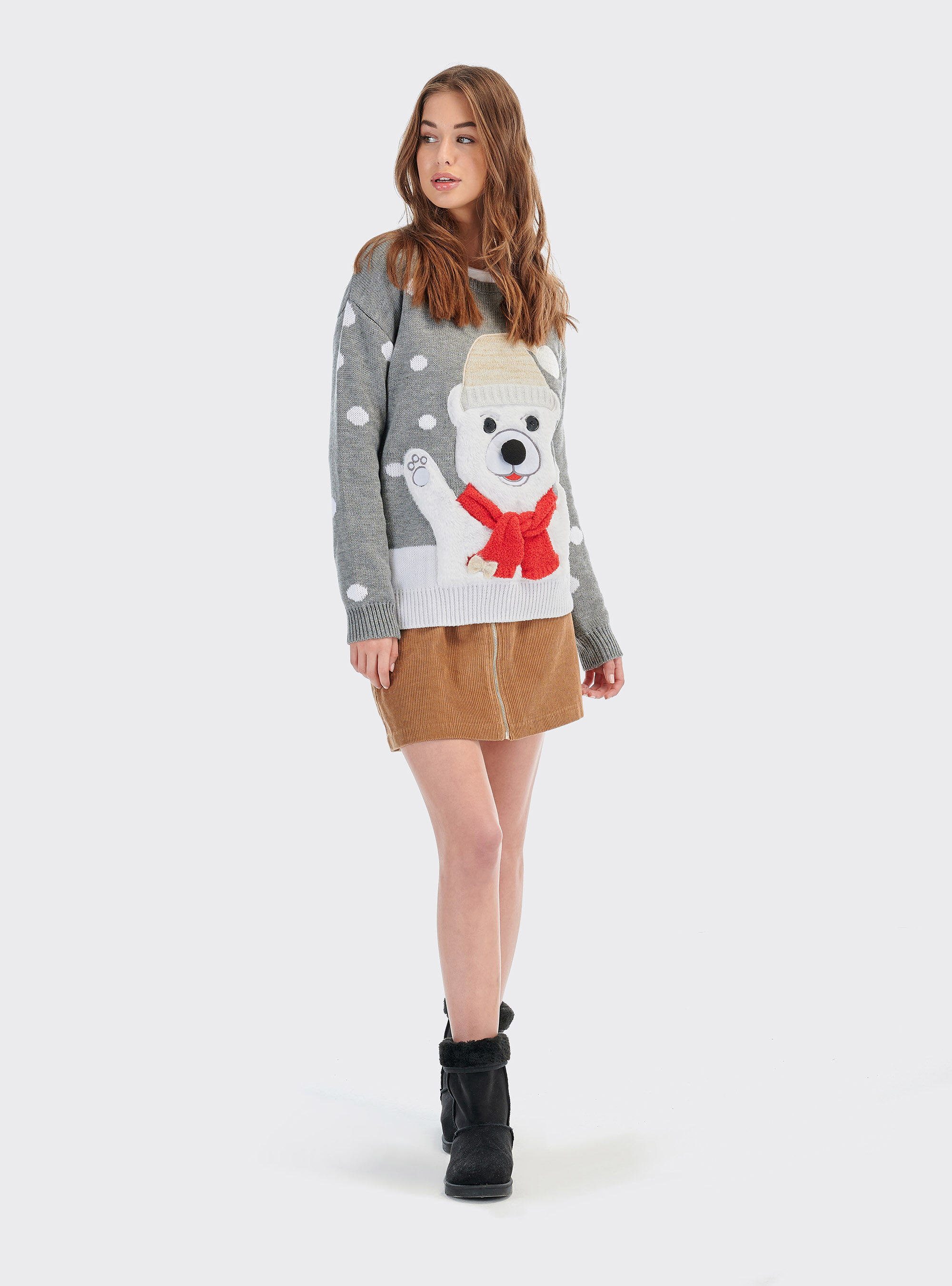 Christmas pullover with teddy bear, GREY MELANGE