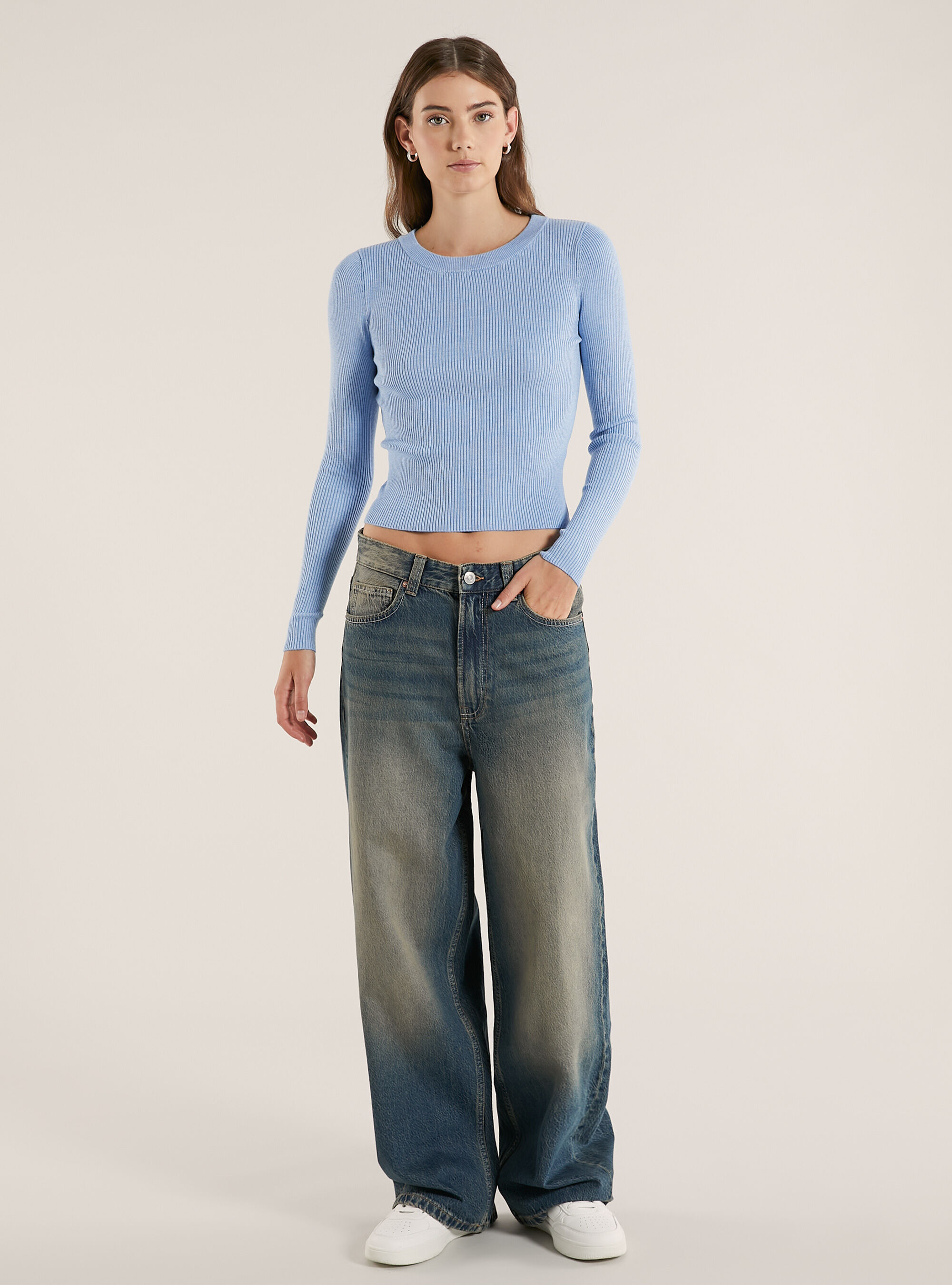 Maglia girocollo a coste, MAZ2 AZURE MEL MEDIUM